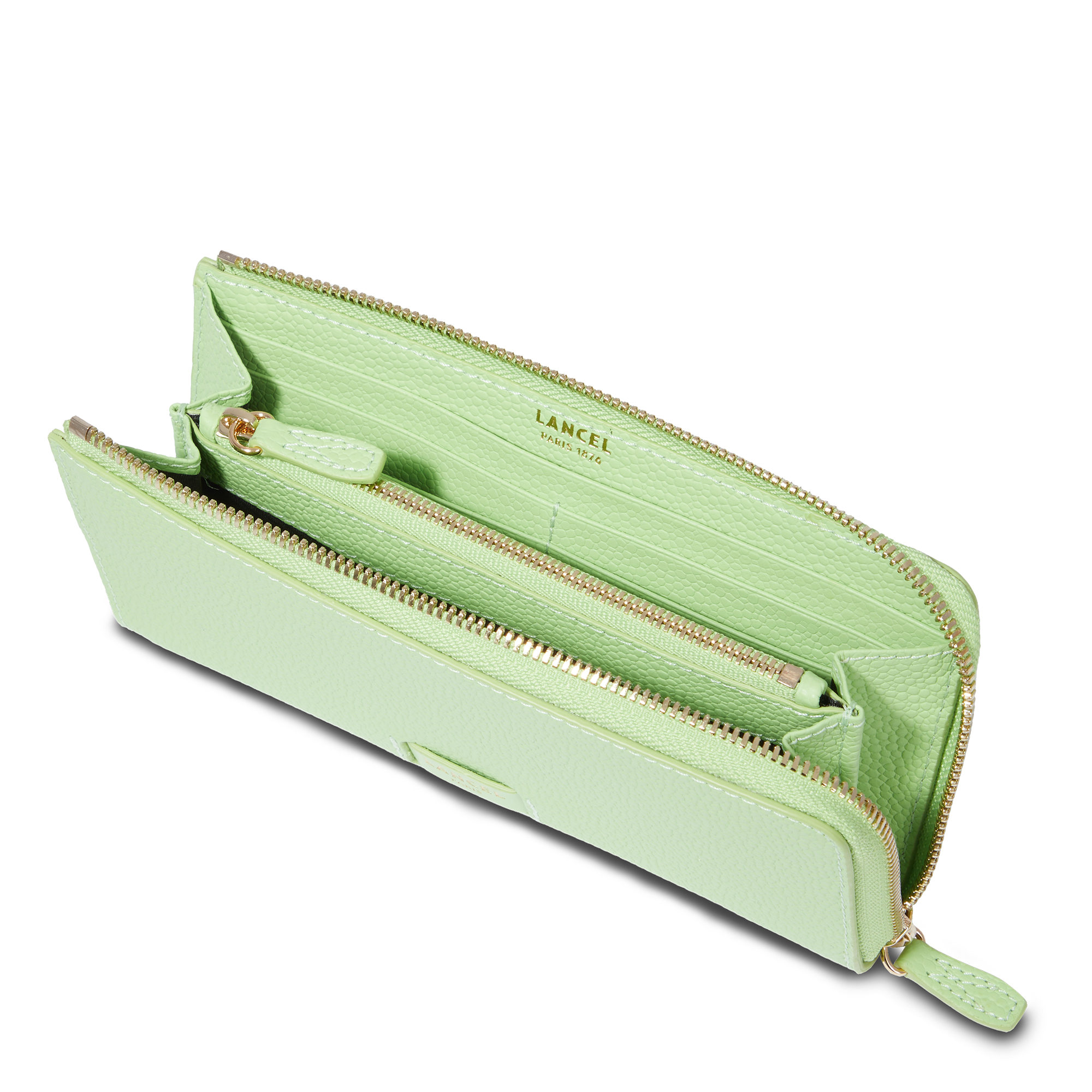 Portefeuille long zip Ninon en cuir grainé - Vert Pomme