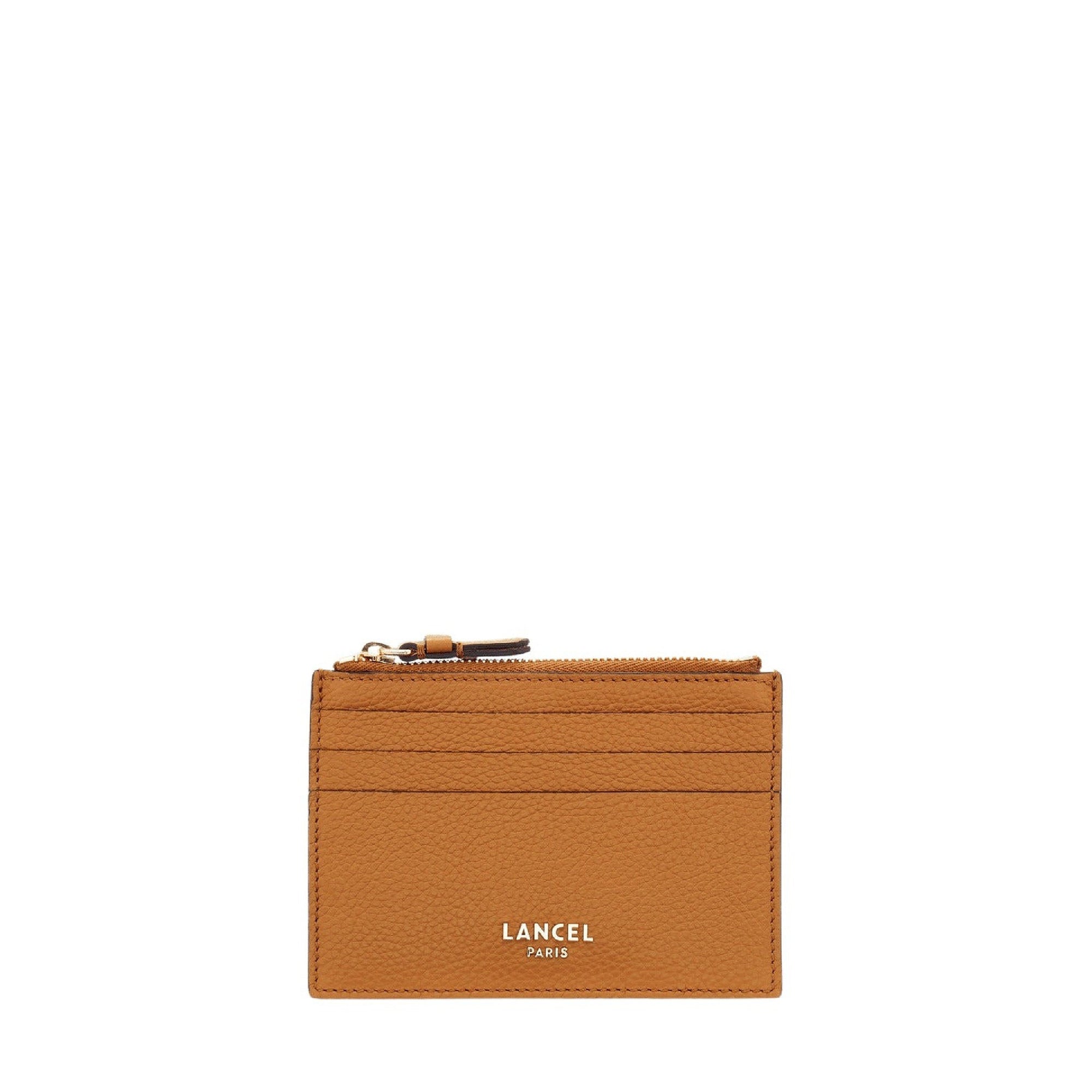 Grand porte-cartes Lettrines à zip en cuir grainé - Camel
