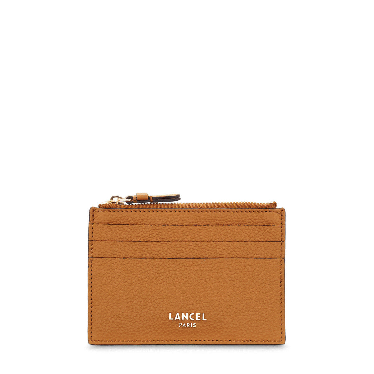 Grand porte-cartes Lettrines à zip en cuir grainé - Camel