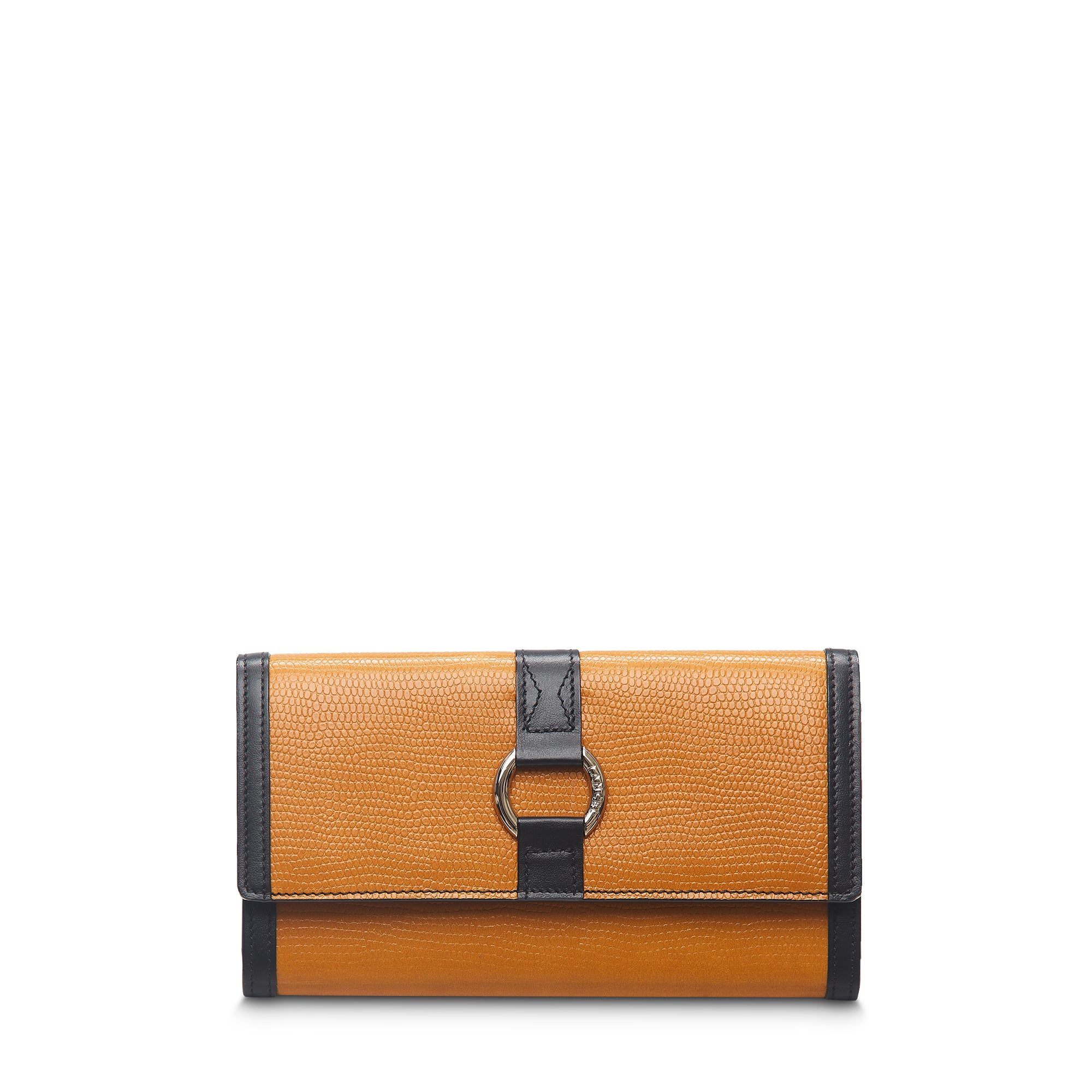 Portefeuille long rabat Elsa en cuir grainé - Miel & Noir
