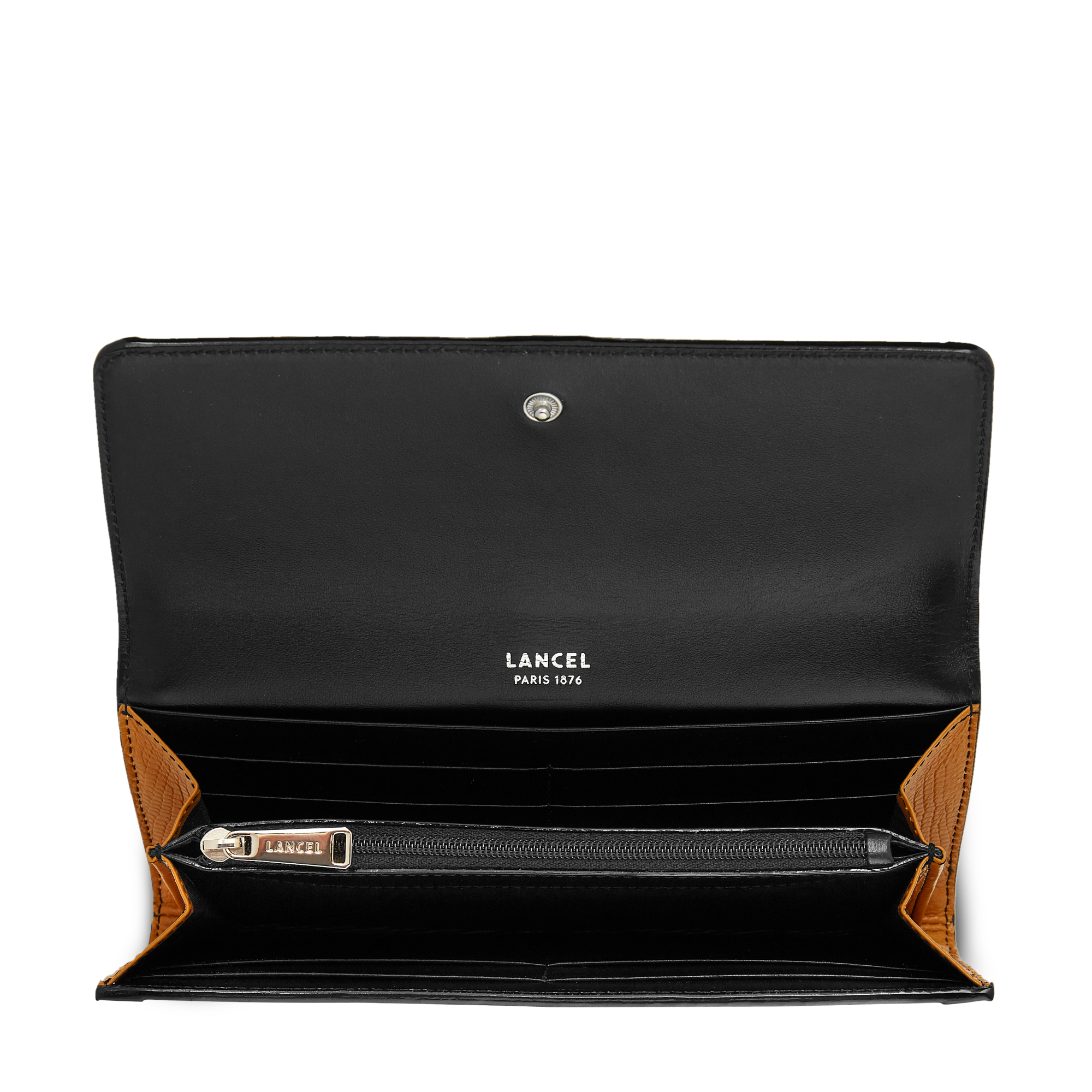 Portefeuille long rabat Elsa en cuir grainé - Miel & Noir