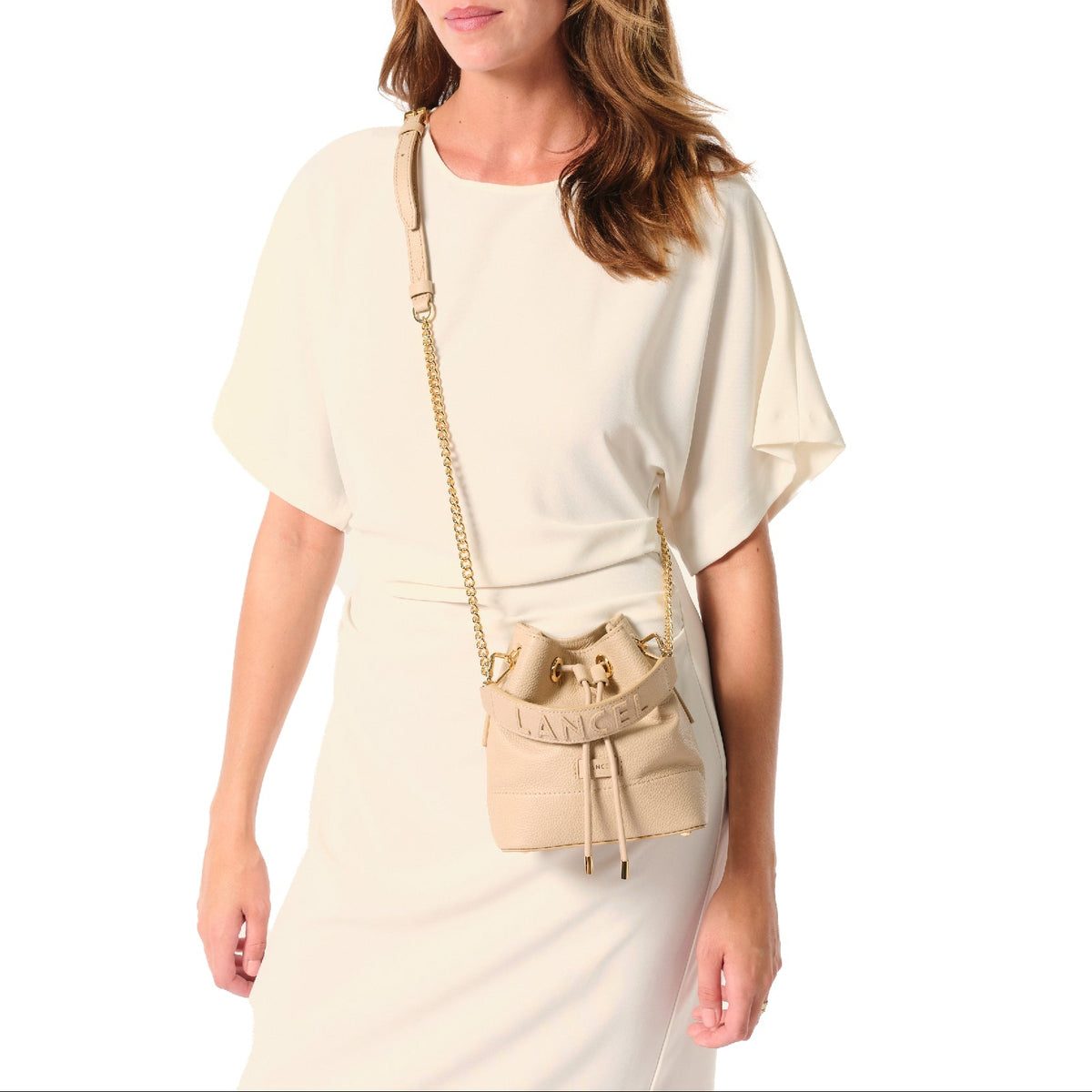 Ninon mini bucket bag in leather - Cappuccino & Gold