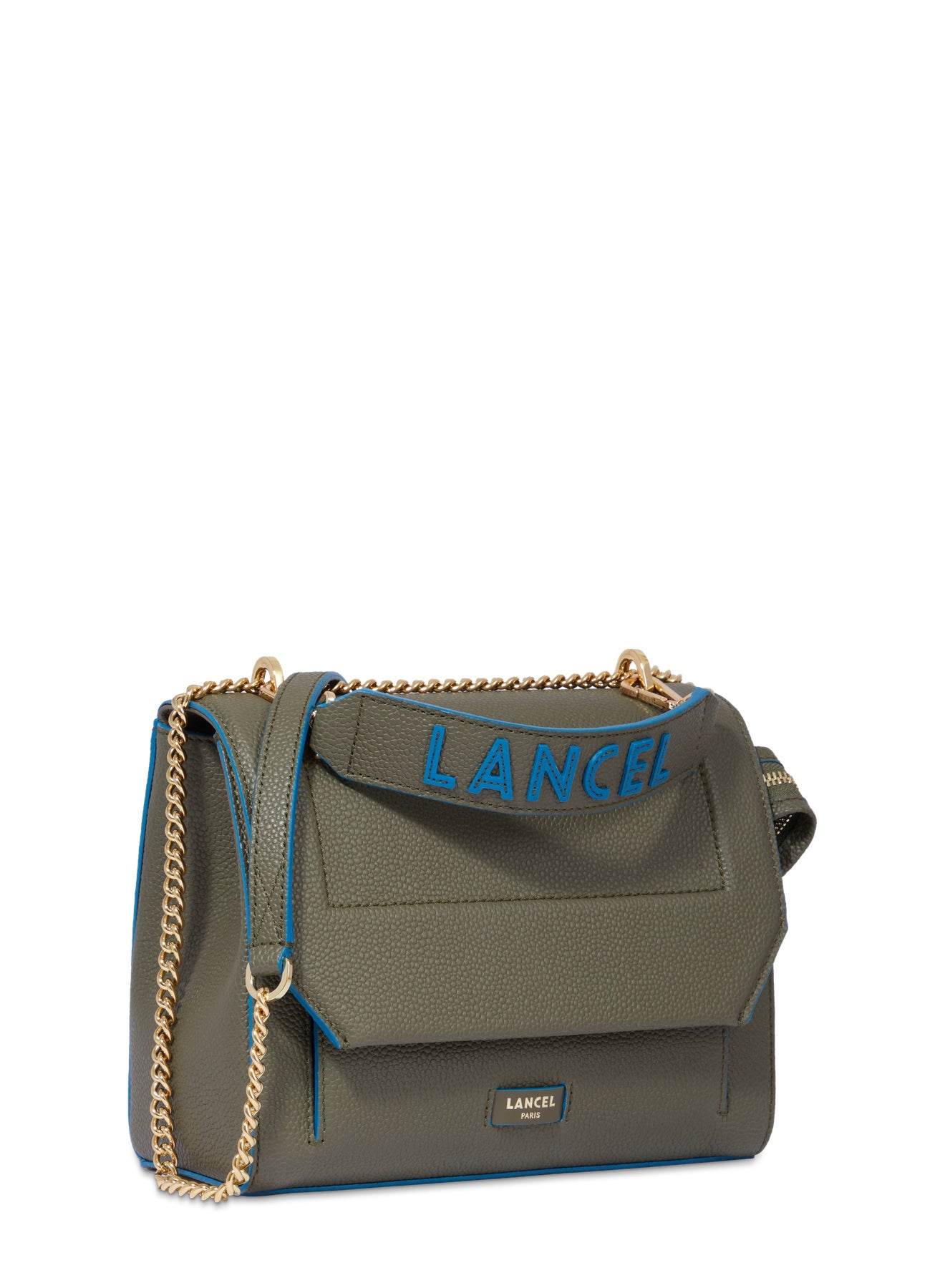 Sac rabat M Ninon en cuir grainé - Kaki foncé & Cobal