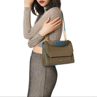 Sac rabat M Ninon en cuir grainé - Kaki foncé & Cobal