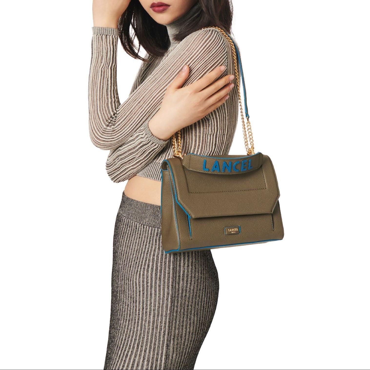 Sac rabat M Ninon en cuir grainé - Kaki foncé & Cobal