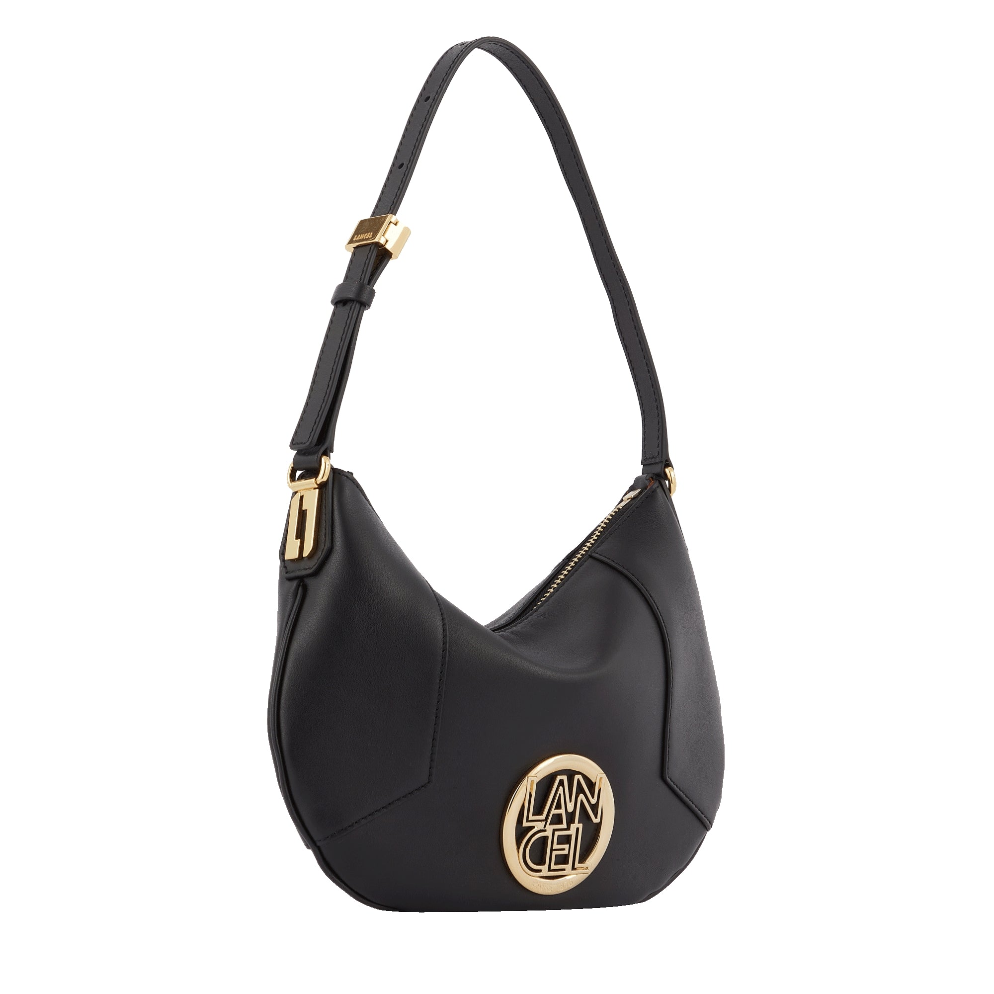 Sac mini hobo zippé Roxane en cuir lisse - Noir & Doré