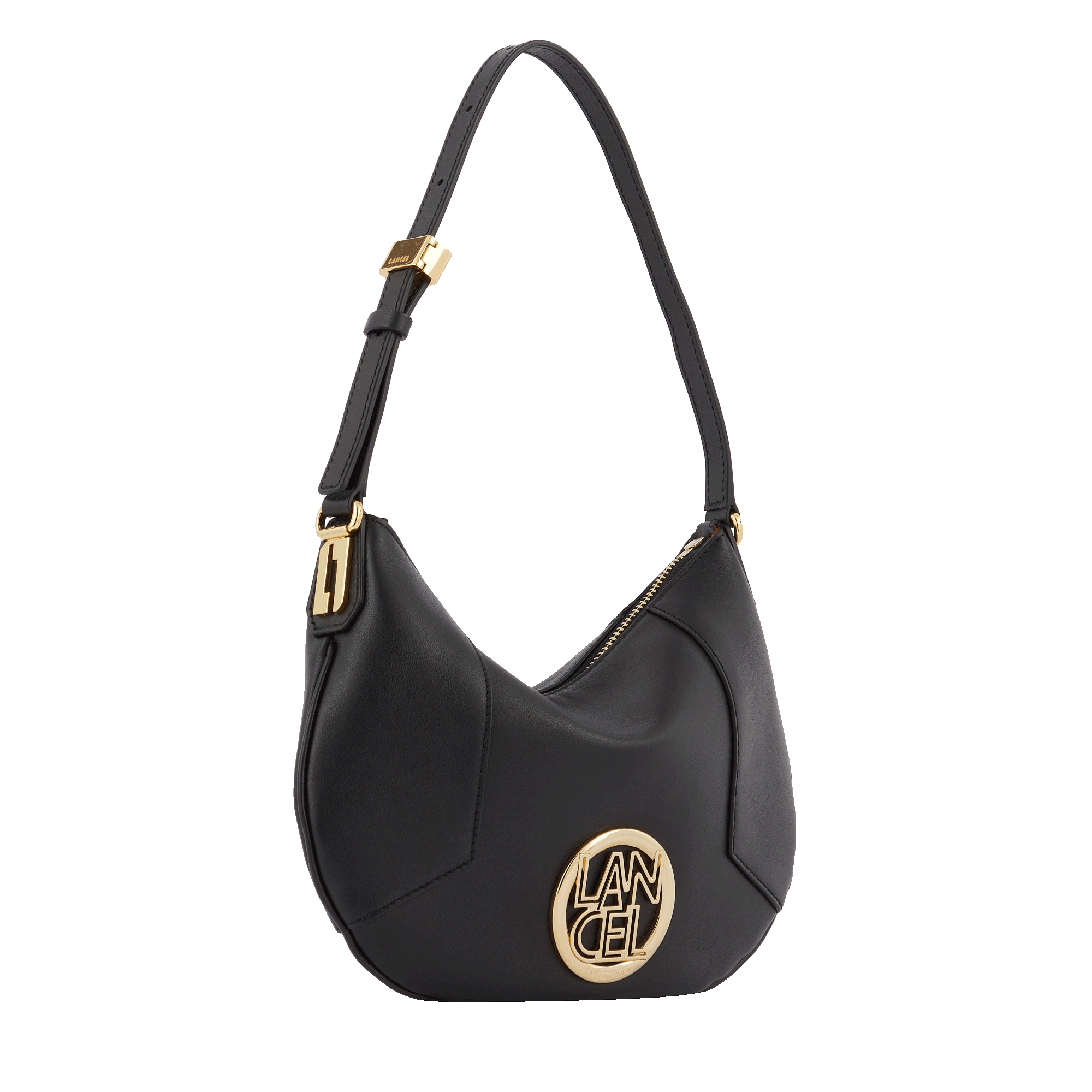 Sac mini hobo zippé Roxane en cuir lisse - Noir & Doré