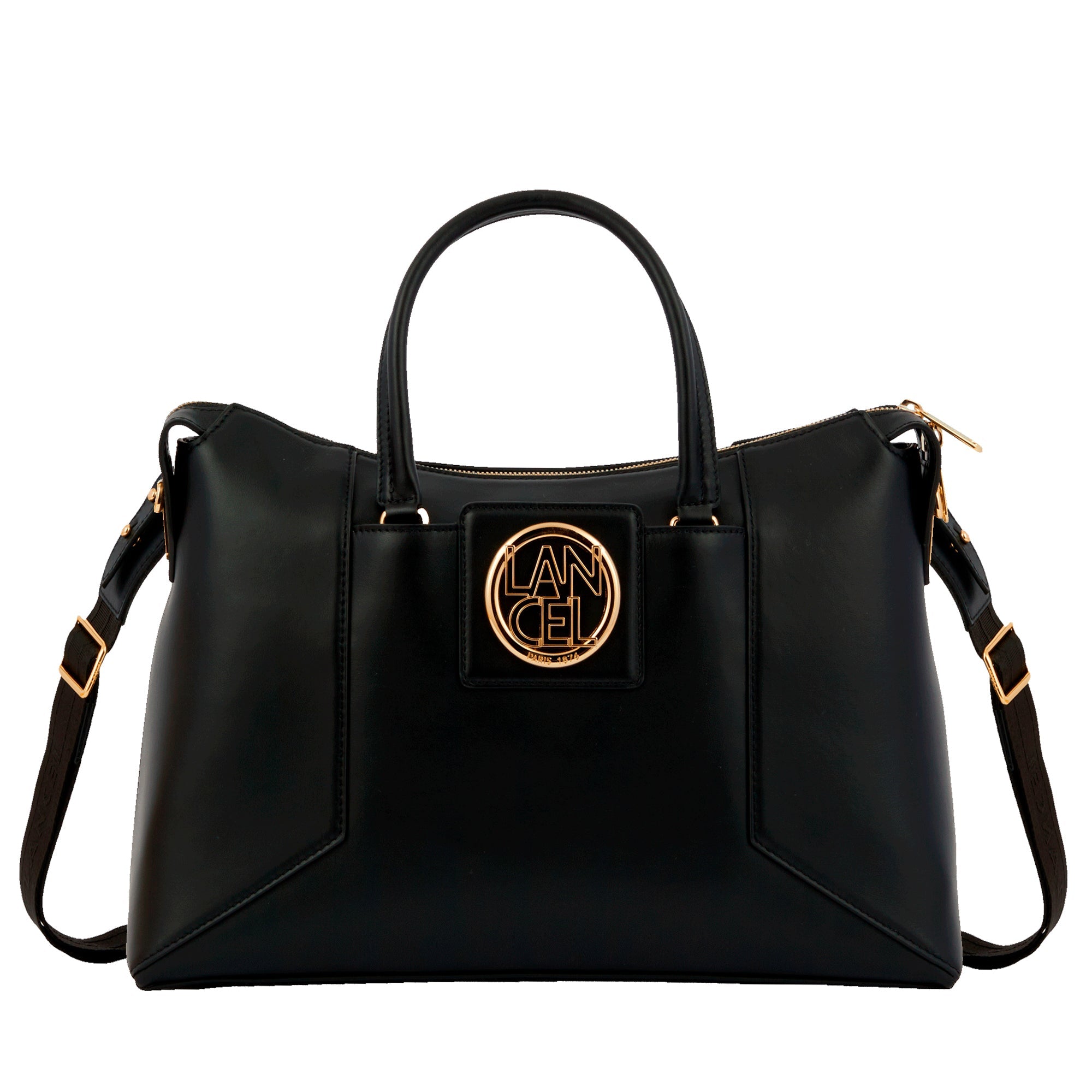 Sac carryall zippé Roxane en cuir lisse - Noir & Doré