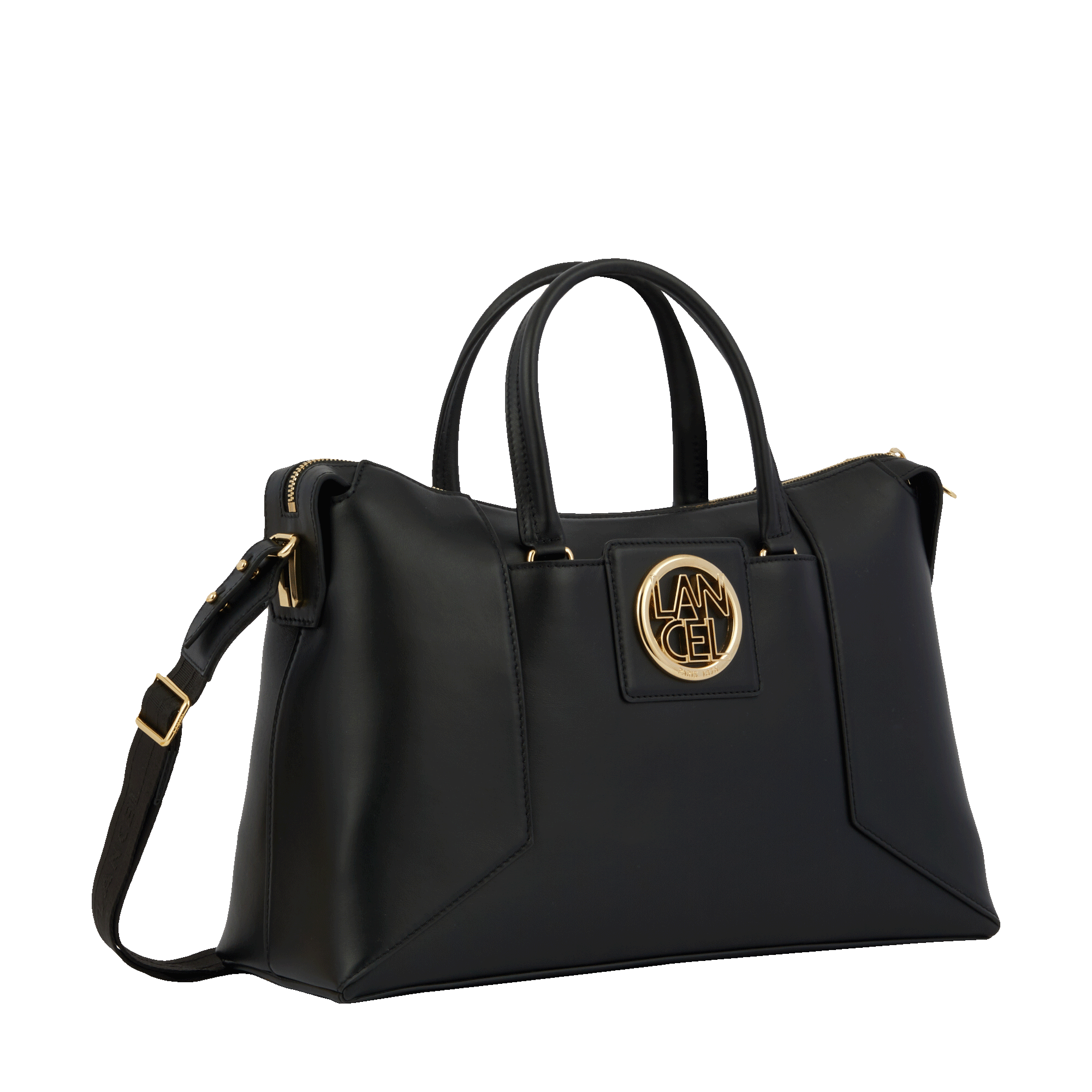 Sac carryall zippé Roxane en cuir lisse - Noir & Doré
