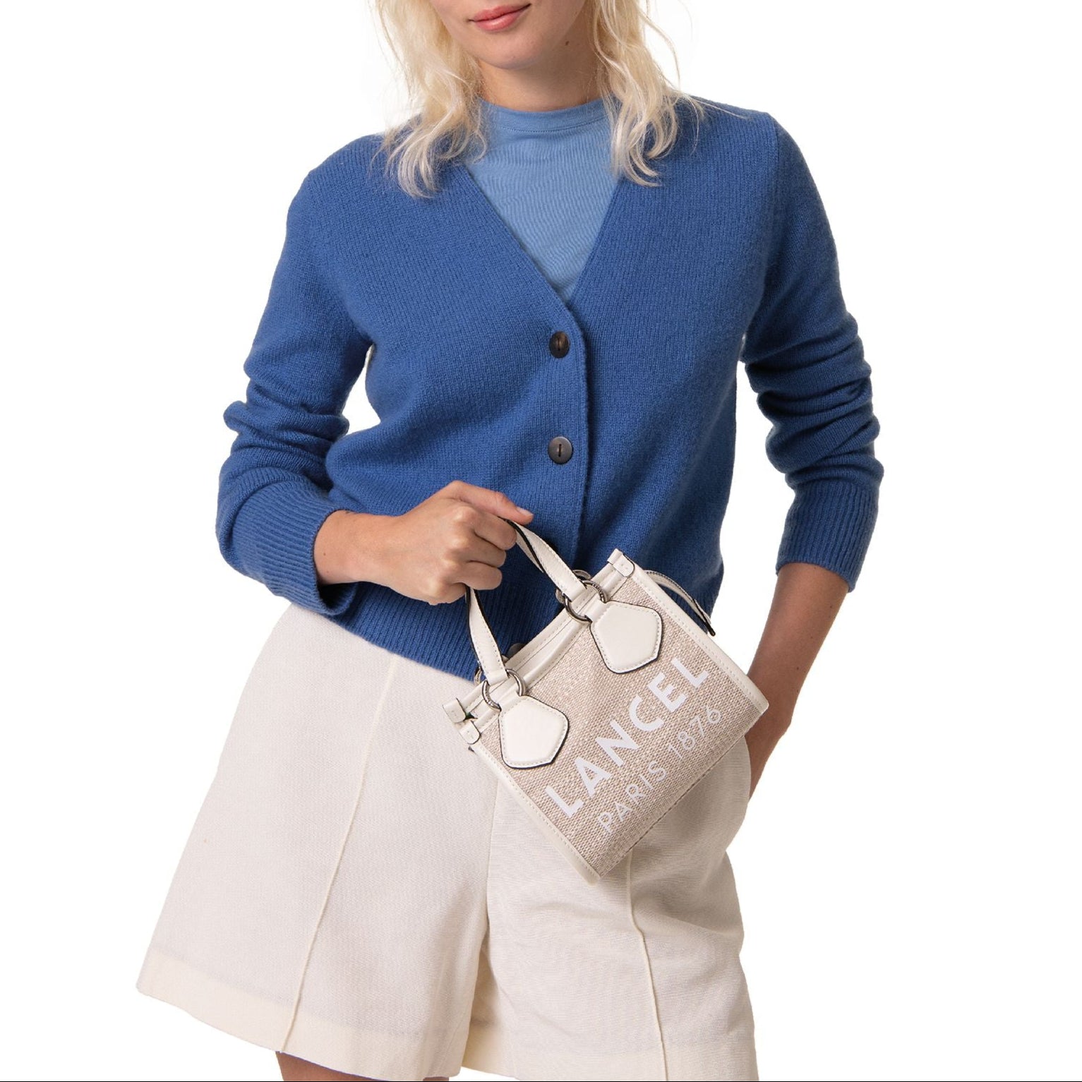 Mini sac cabas zippé Lancel tote en toile - Naturel & Blanc