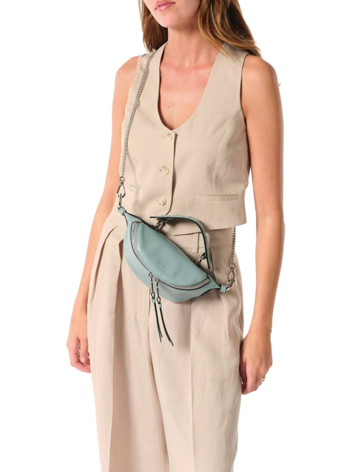 Mini sac porté croisé zippé Origami en cuir lisse - Bleu Poudre