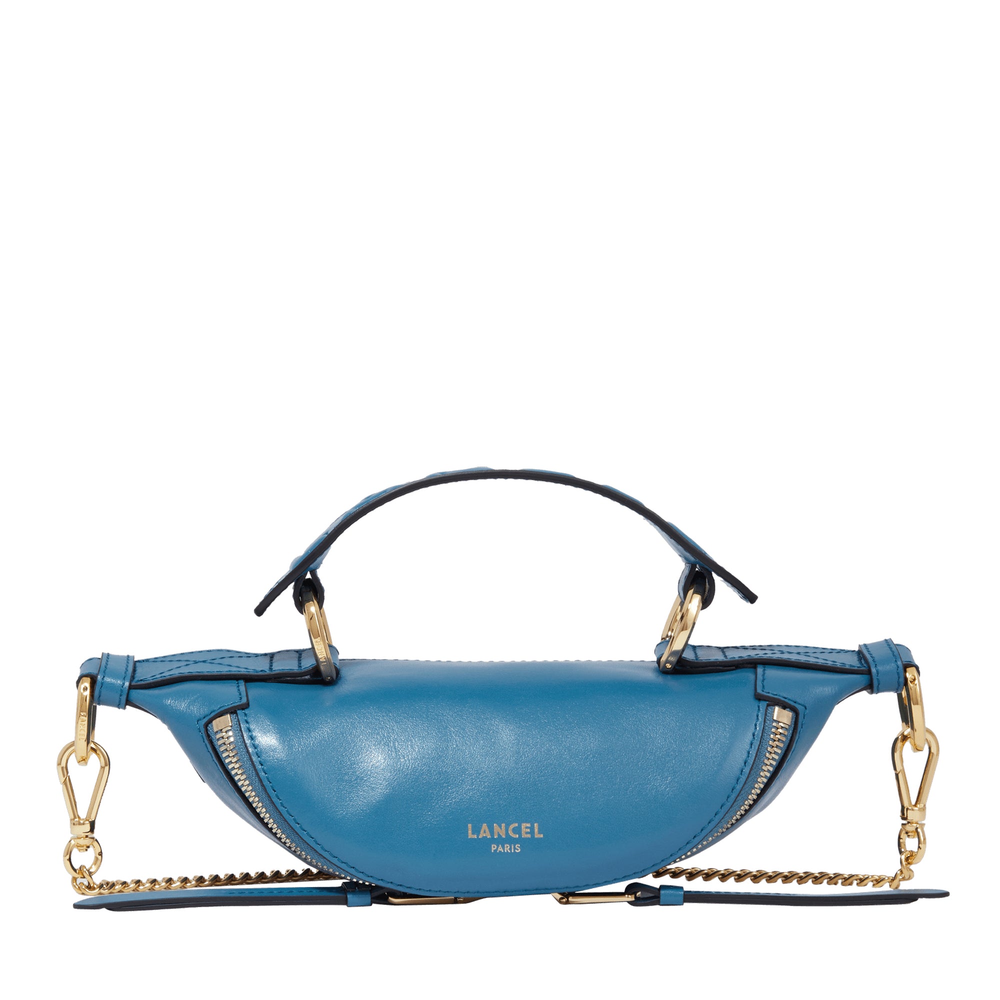 Mini sac porté croisé zippé Origami en cuir lisse - Bleu Vague