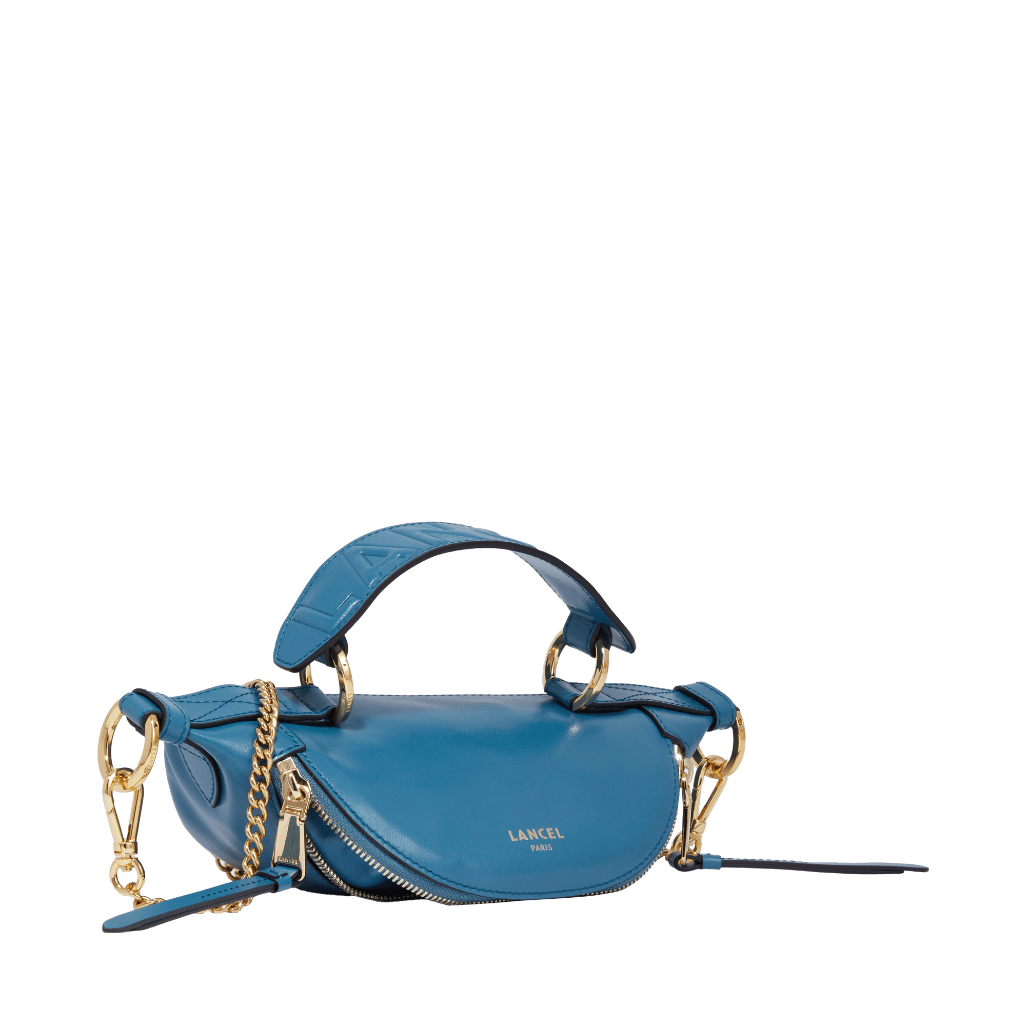 Mini sac porté croisé zippé Origami en cuir lisse - Bleu Vague