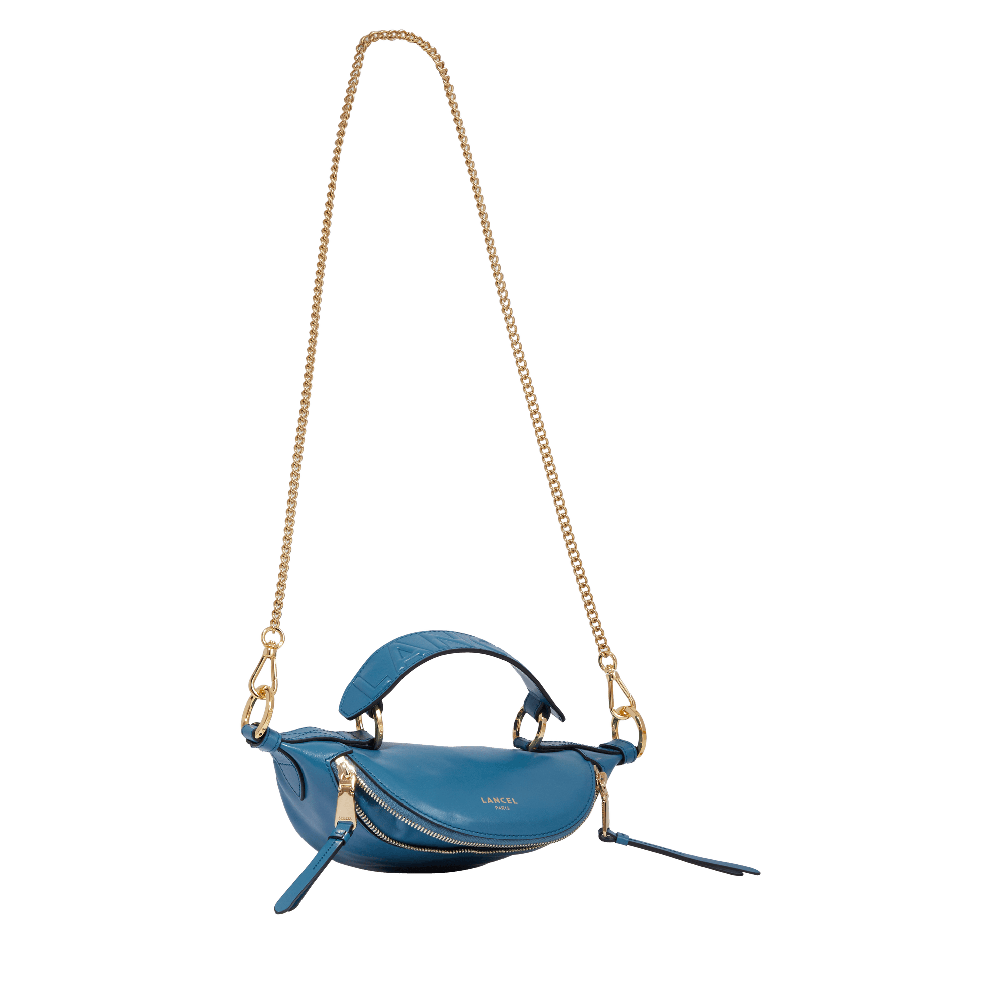 Mini sac porté croisé zippé Origami en cuir lisse - Bleu Vague