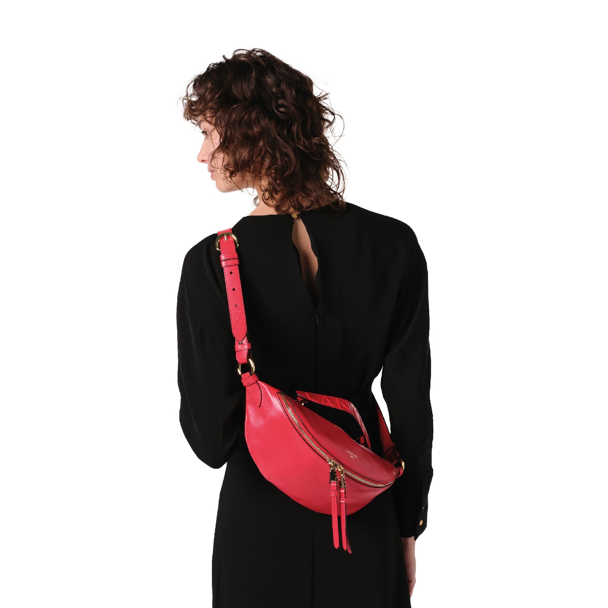 Sac porté croisé zippé S Origami en cuir - Rouge Baiser