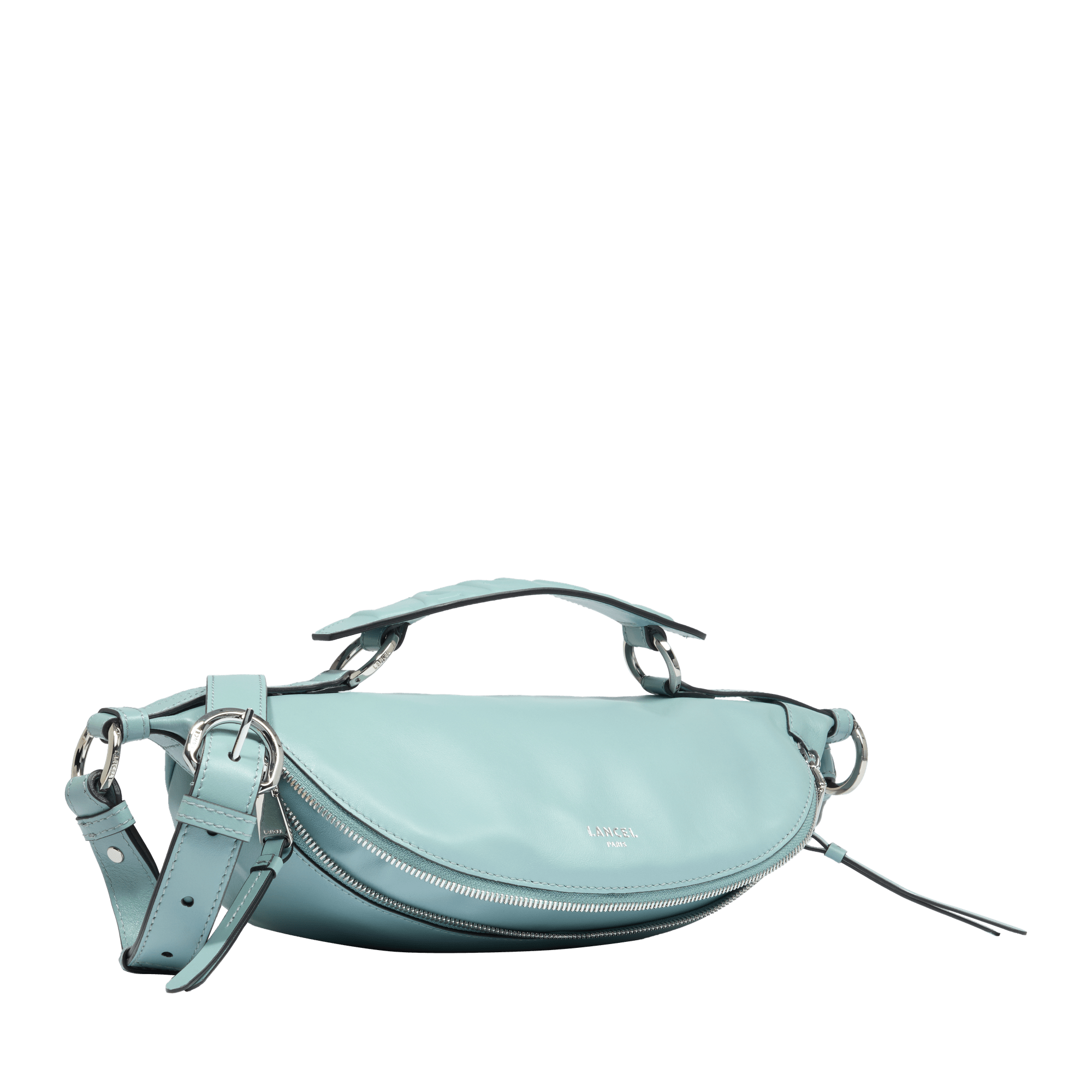 Sac porté croisé zippé Origami S en cuir lisse - Bleu Poudre