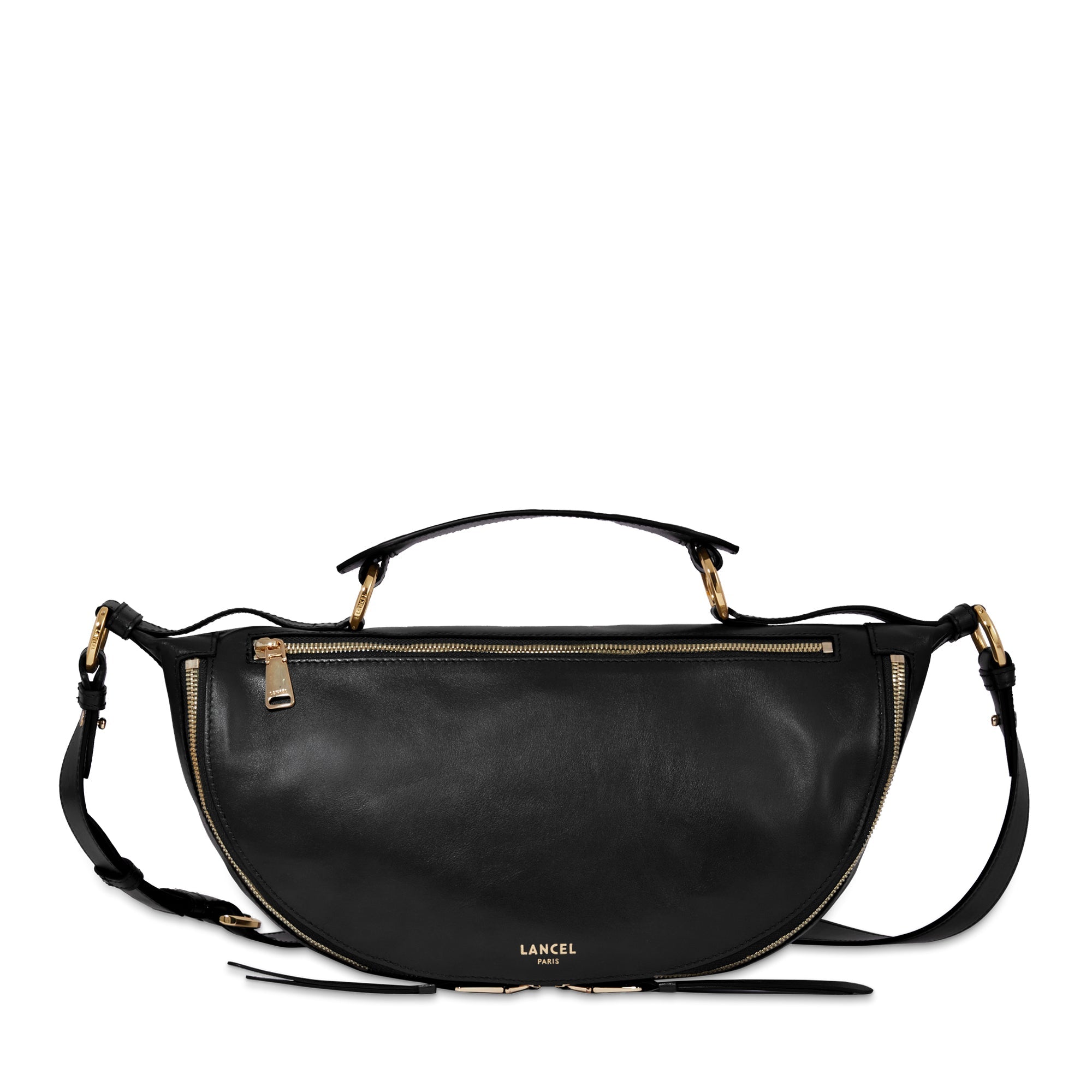 Sac porté croisé zippé M Origami en cuir lisse - Noir