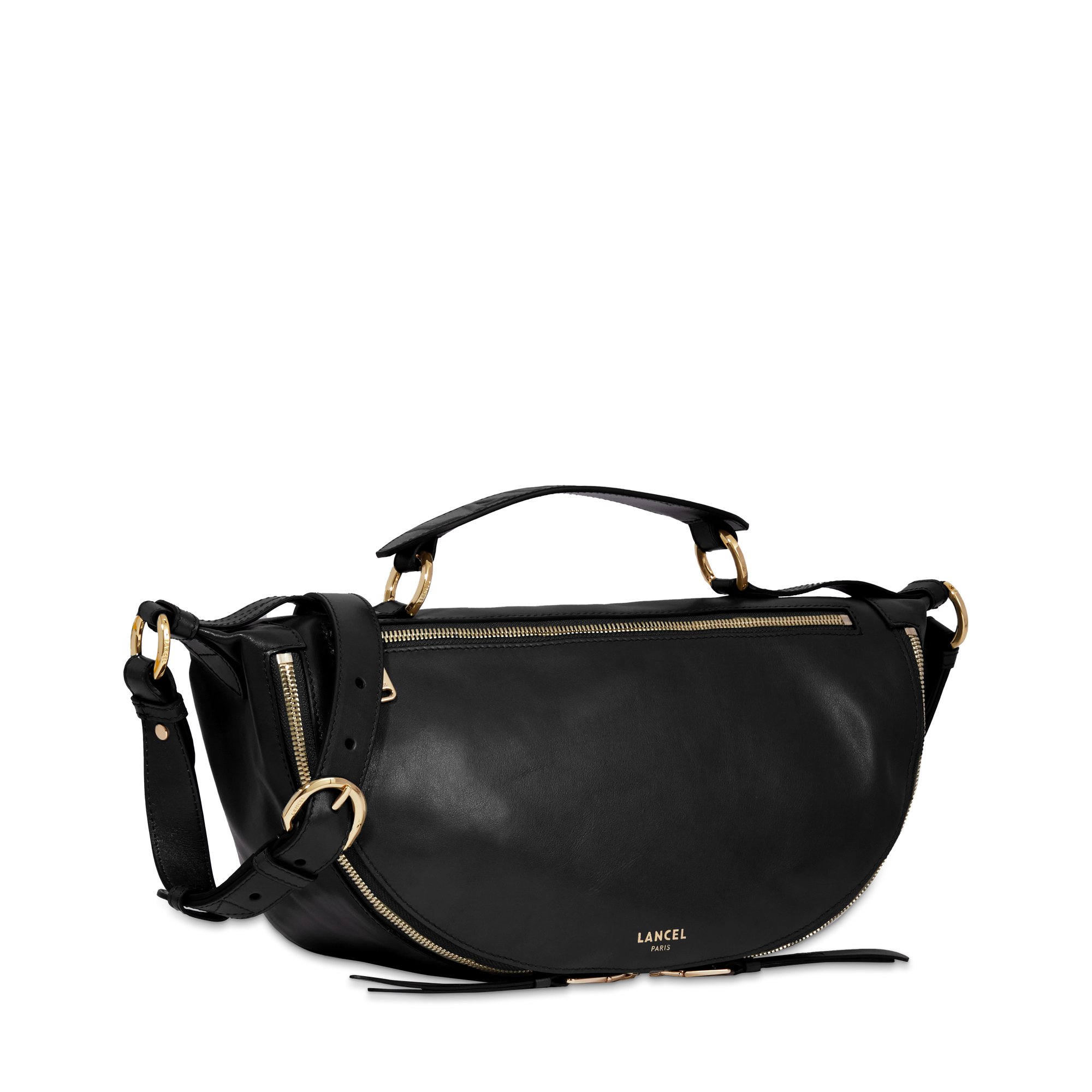 Sac porté croisé zippé Origami M en cuir lisse - Noir