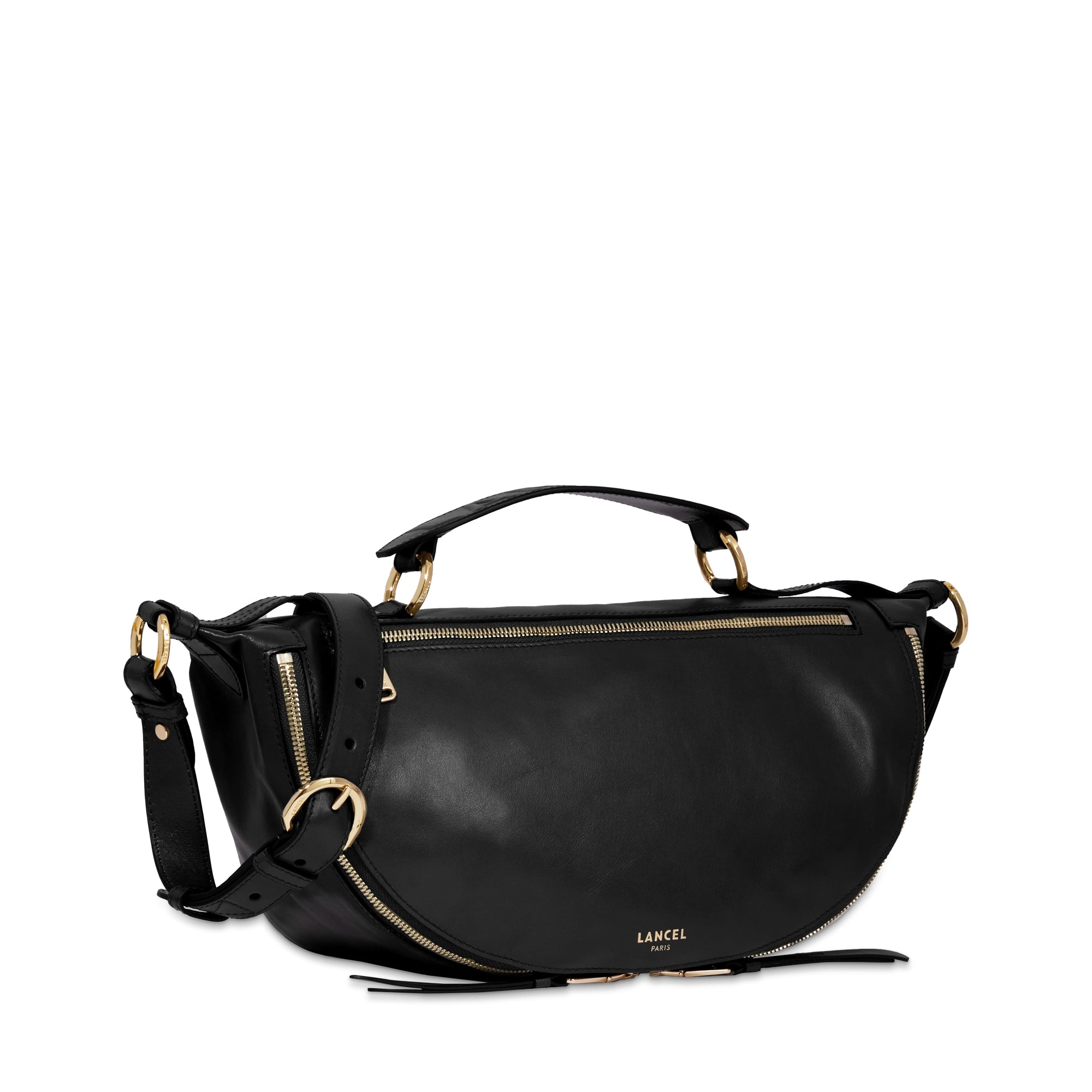 Sac porté croisé zippé M Origami en cuir lisse - Noir