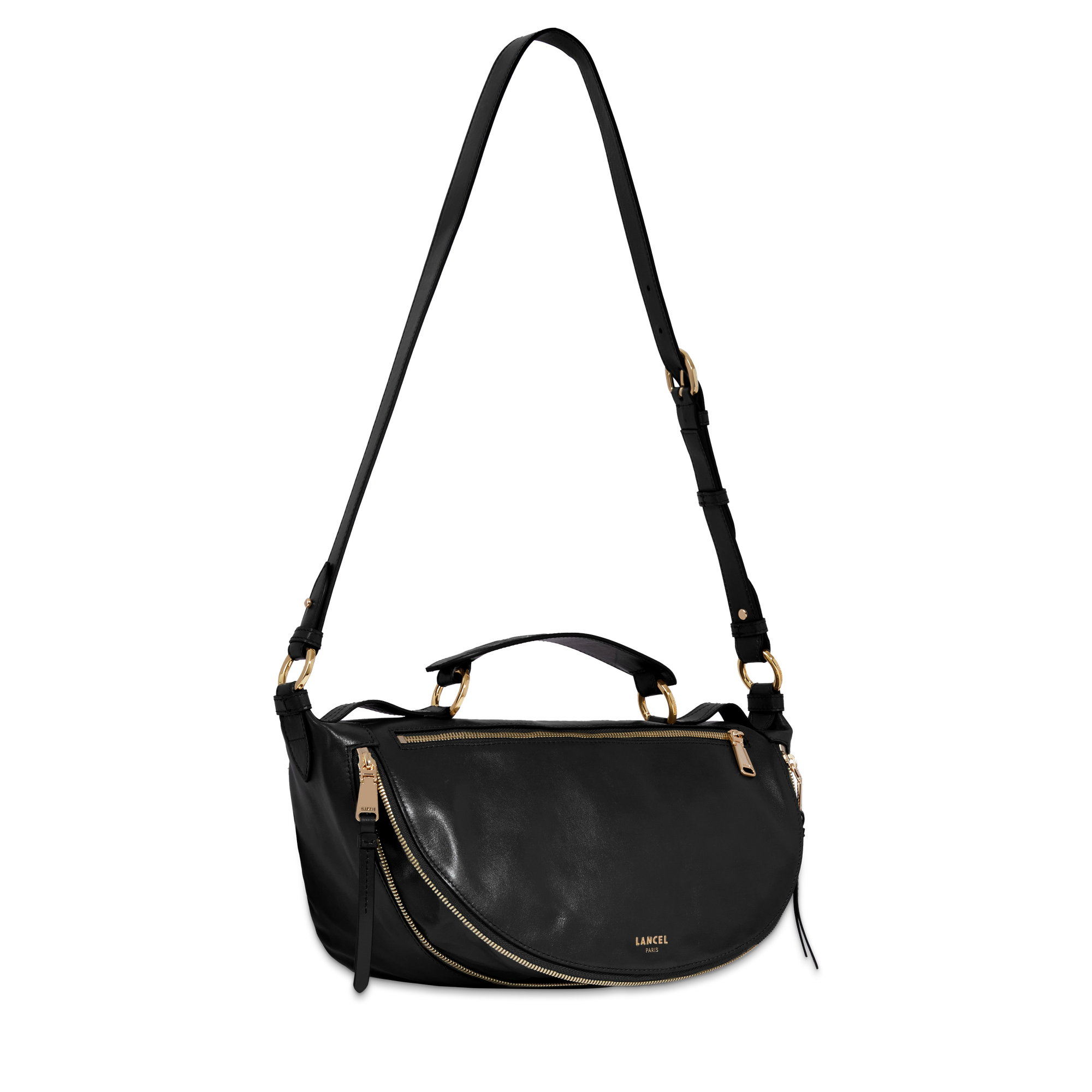 Sac porté croisé zippé Origami M en cuir lisse - Noir