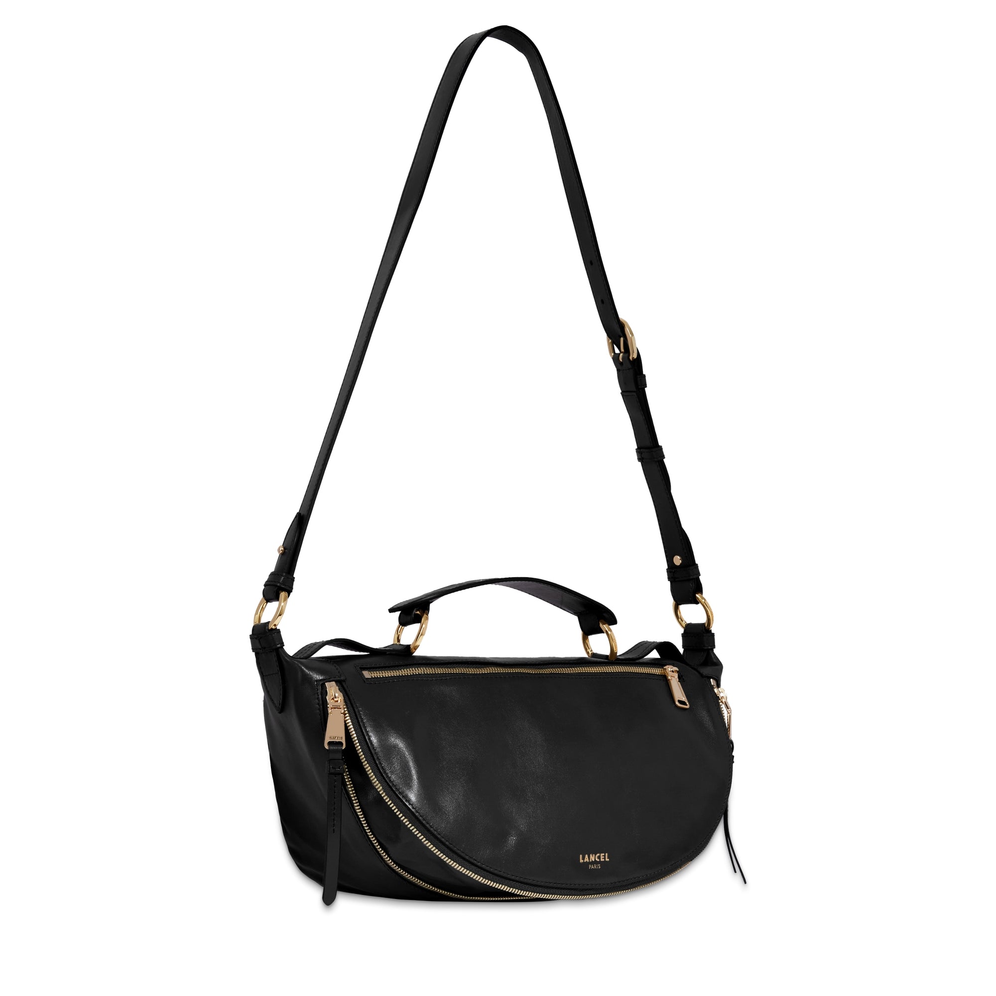 Sac porté croisé zippé M Origami en cuir lisse - Noir