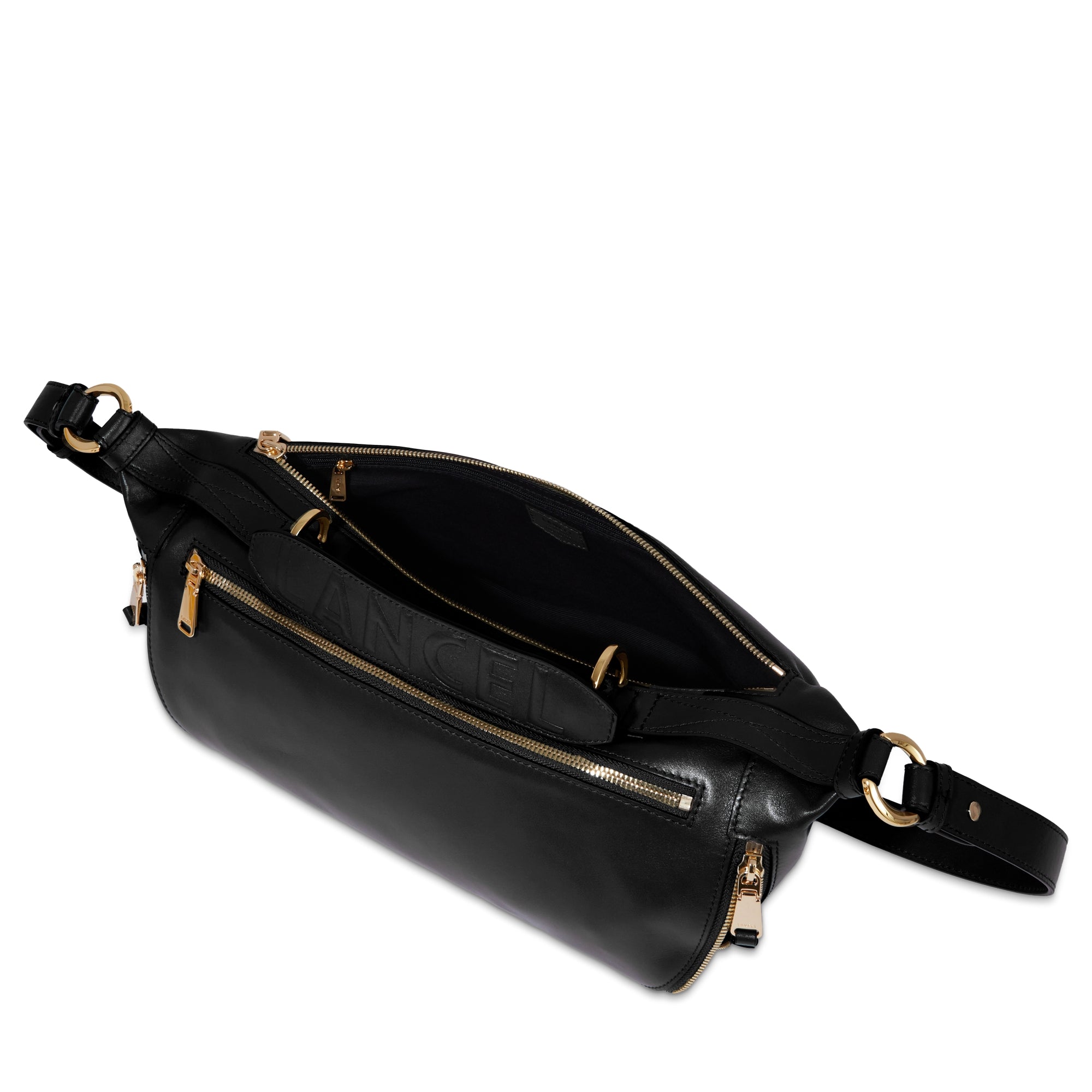 Sac porté croisé zippé M Origami en cuir lisse - Noir