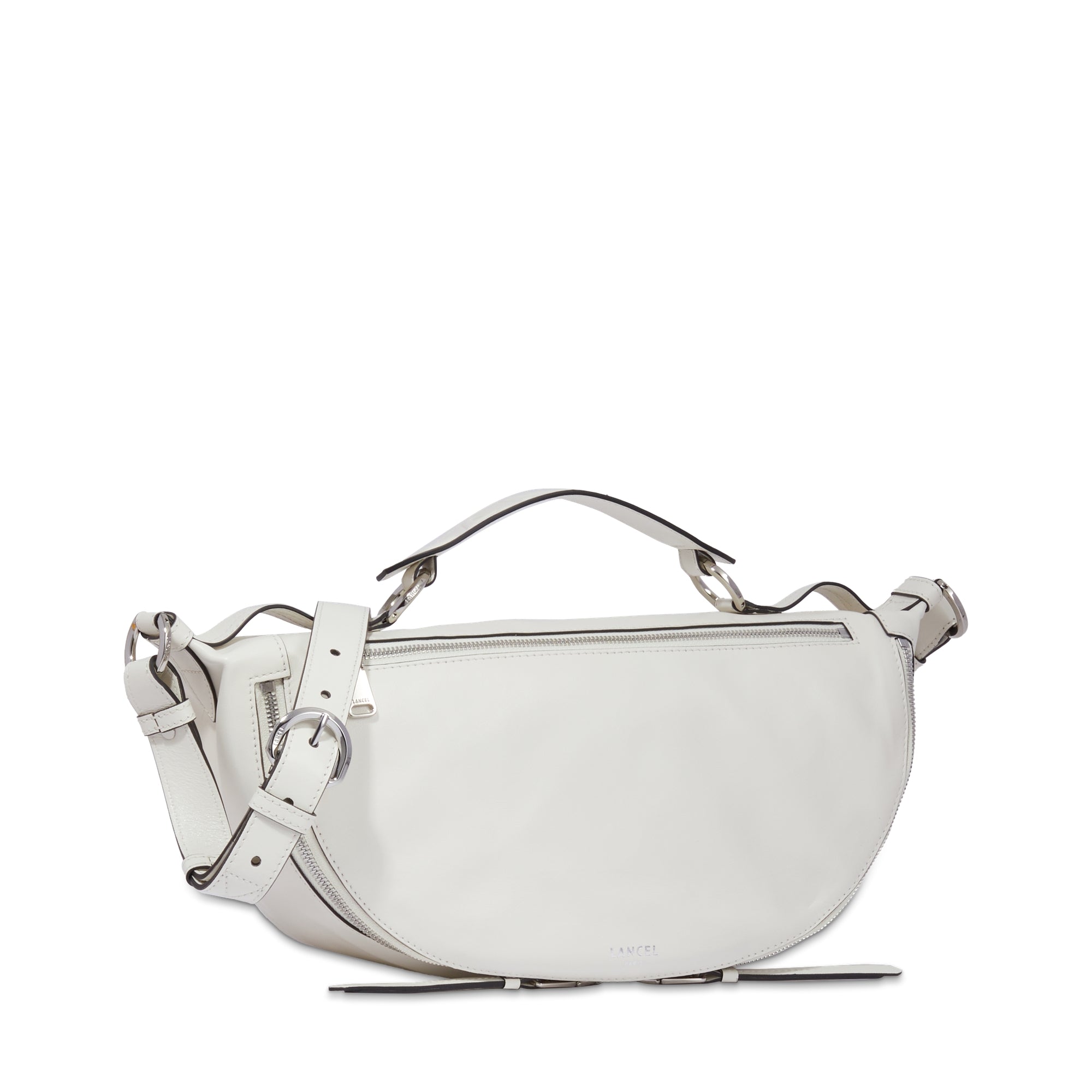 Sac porté croisé zippé M Origami en cuir lisse - Neige
