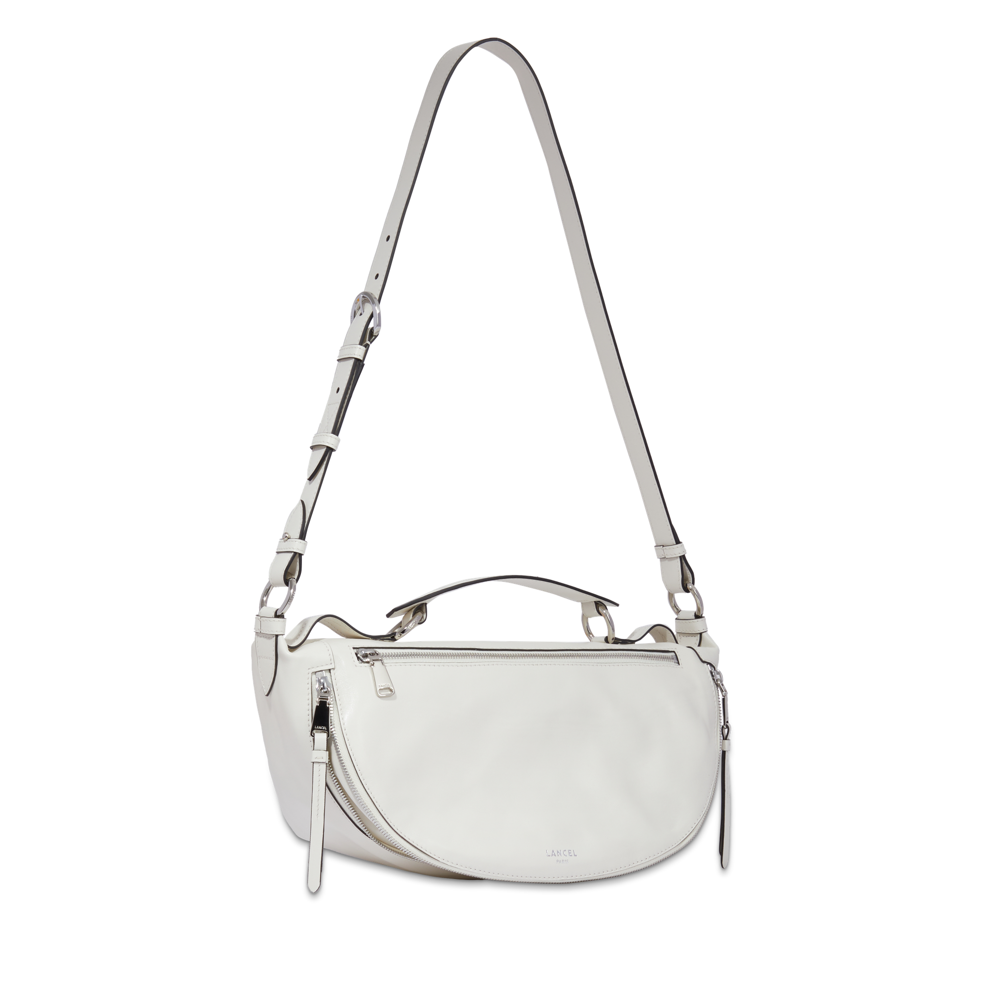 Sac porté croisé zippé Origami M en cuir lisse - Neige