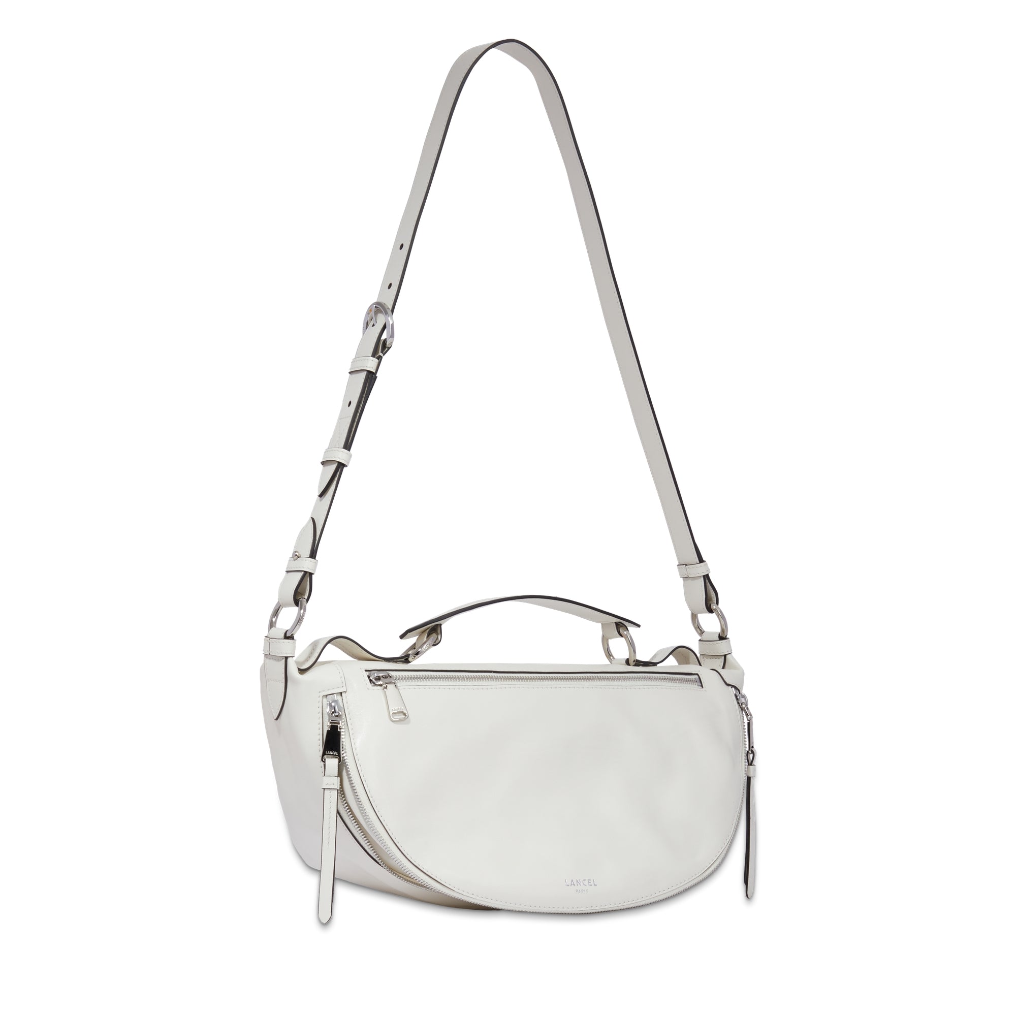 Sac porté croisé zippé M Origami en cuir lisse - Neige