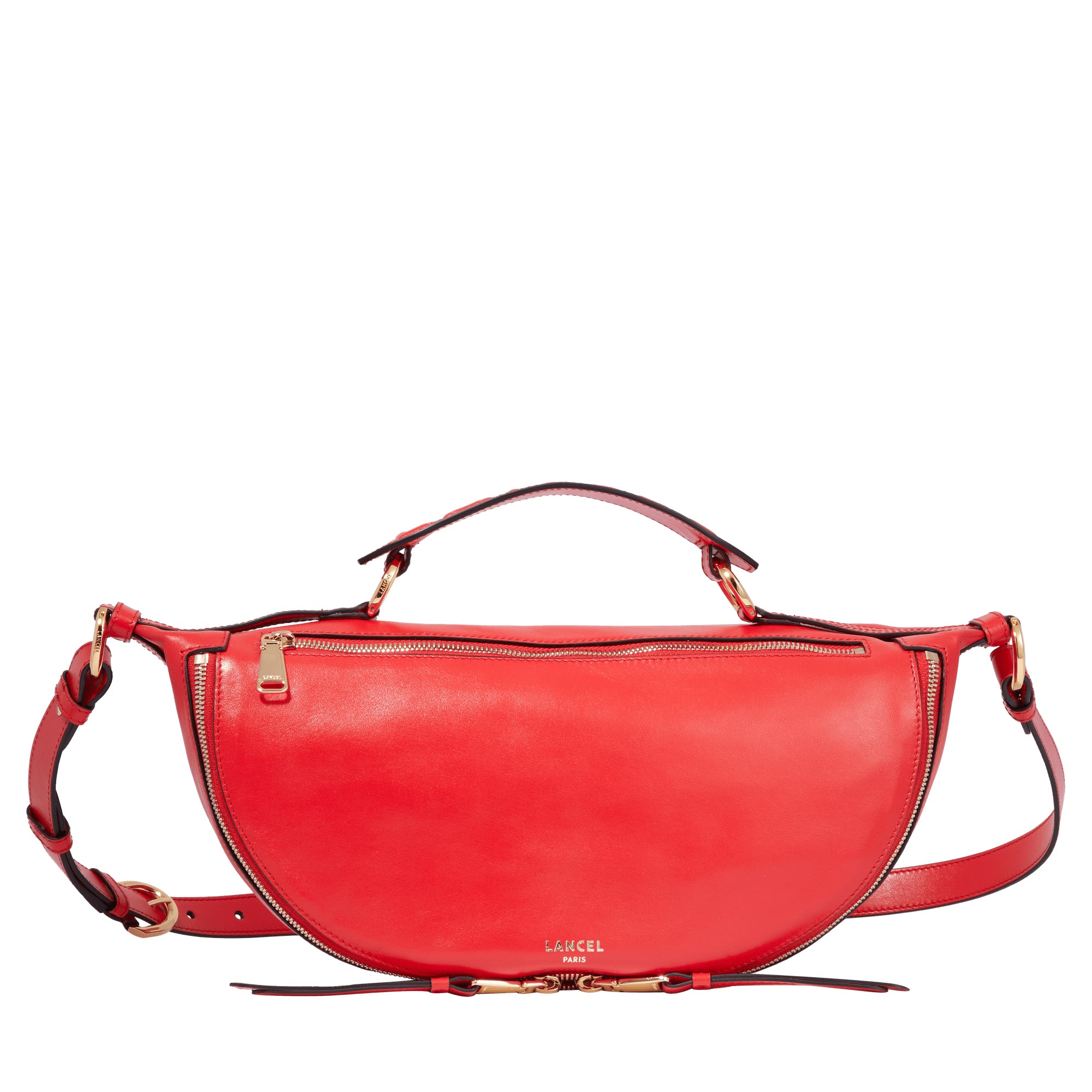Sac porté croisé zippé Origami M en cuir lisse - Rouge Baiser