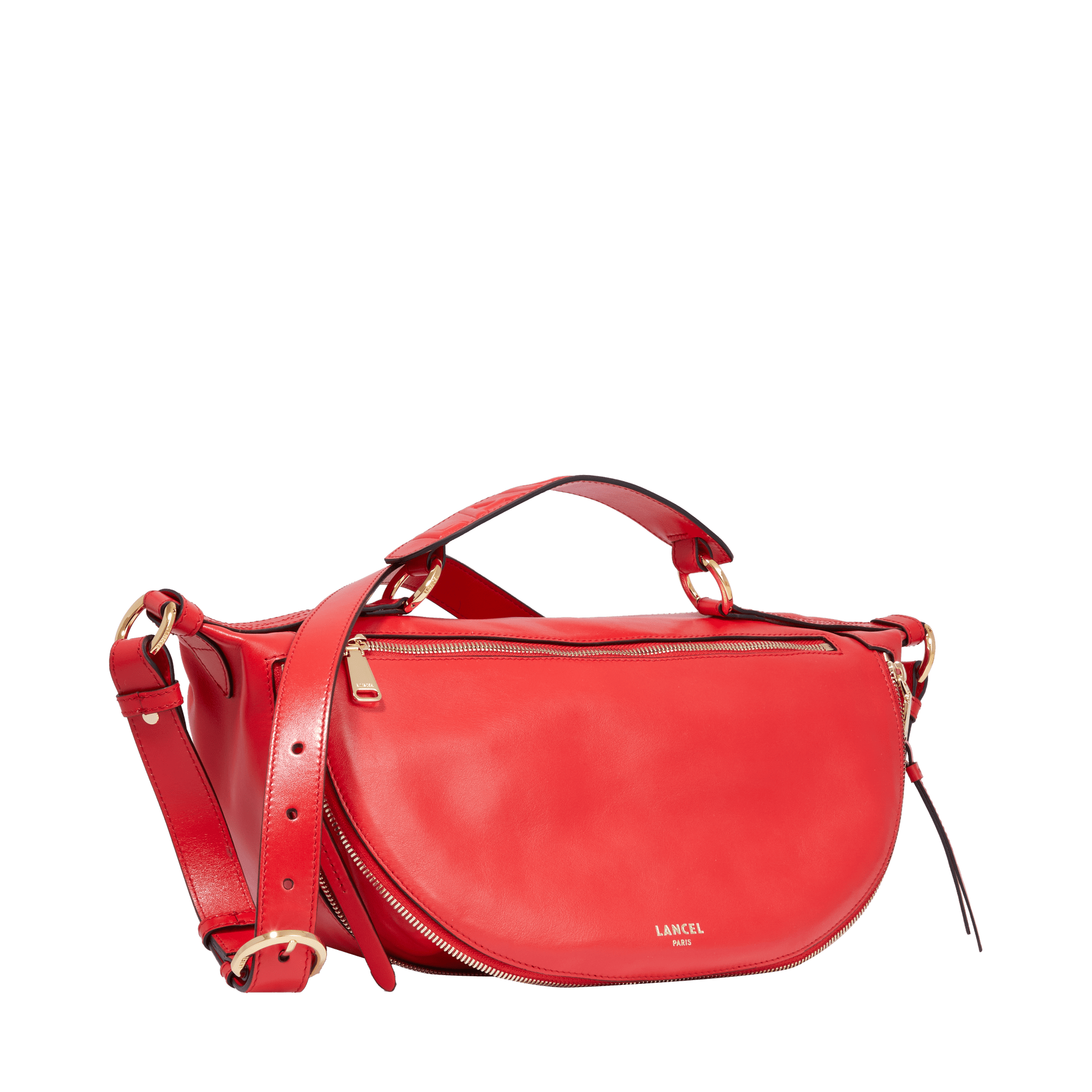 Sac porté croisé zippé Origami M en cuir lisse - Rouge Baiser