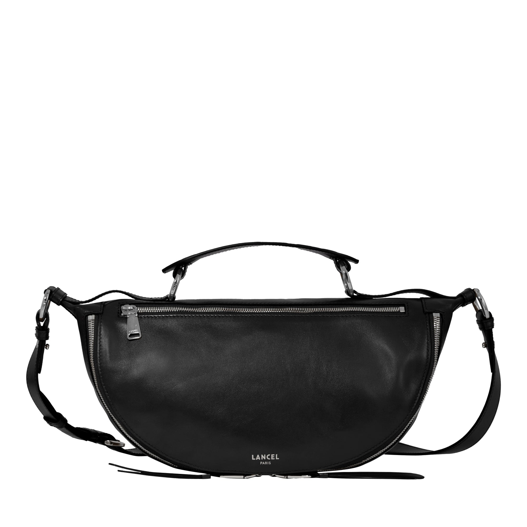 Sac porté croisé zippé Origami M en cuir lisse - Noir & Nickel