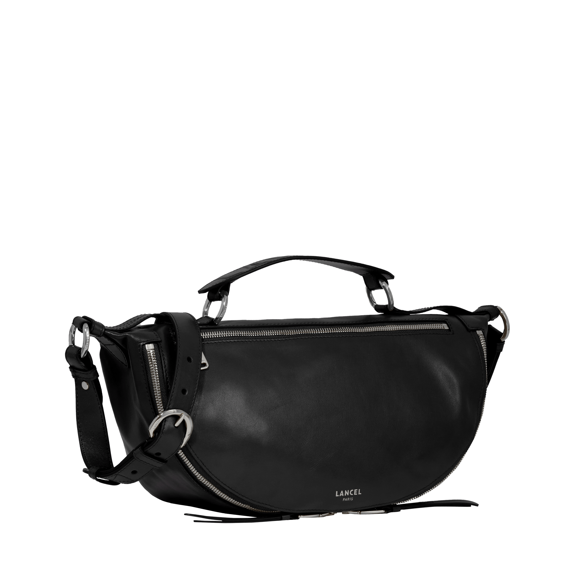 Sac porté croisé zippé Origami M en cuir lisse - Noir & Nickel