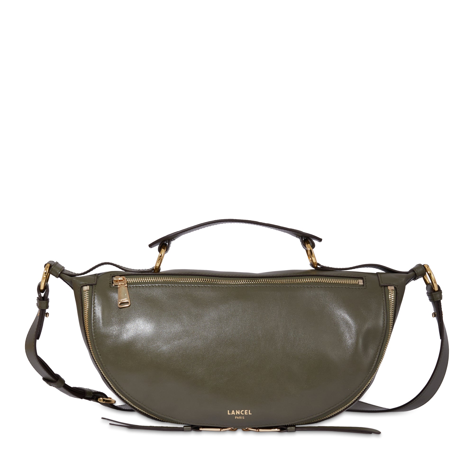 Sac porté croisé zippé M Origami en cuir lisse - Kaki foncé
