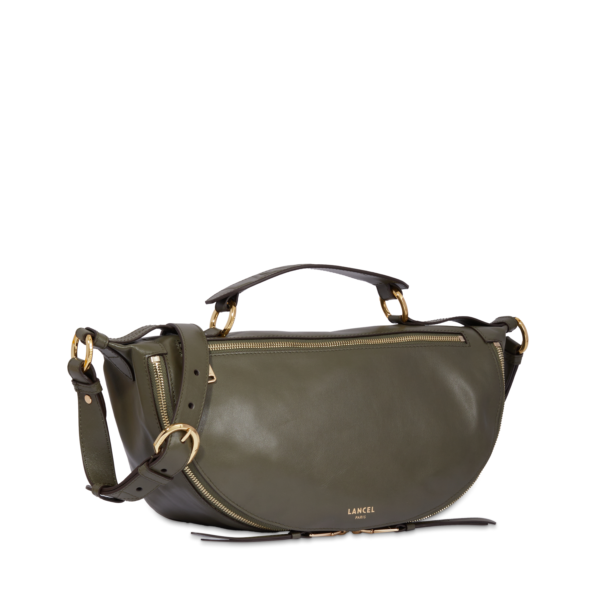 Sac porté croisé zippé Origami M en cuir lisse - Kaki foncéoncé