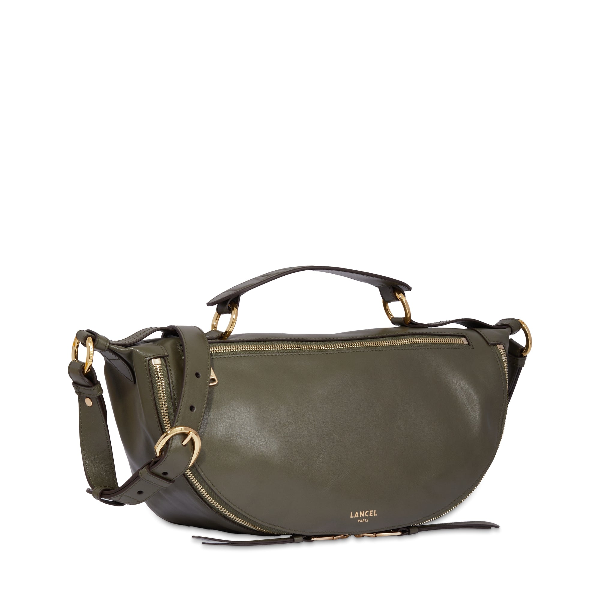 Sac porté croisé zippé M Origami en cuir lisse - Kaki foncé
