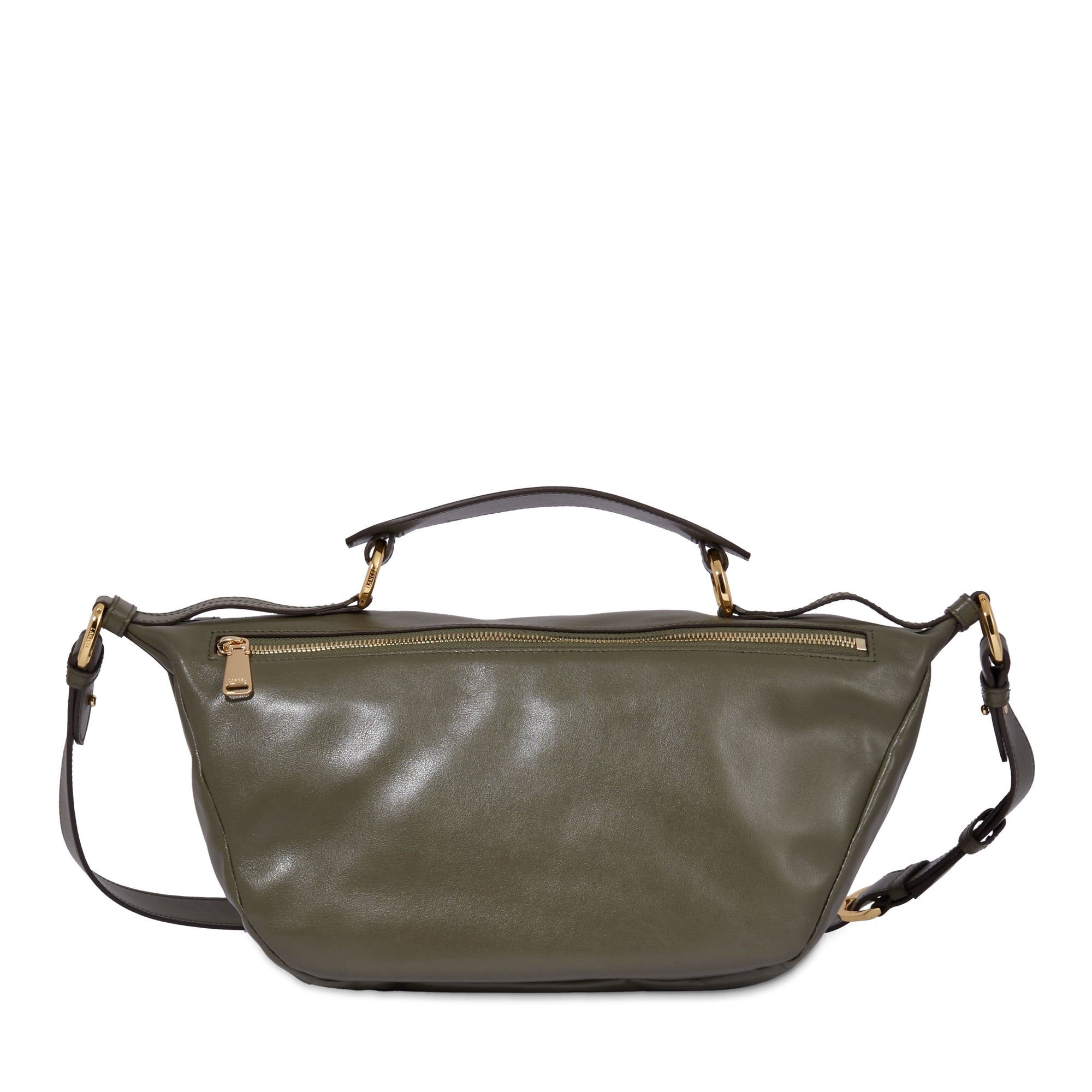 Sac porté croisé zippé M Origami en cuir lisse - Kaki foncé
