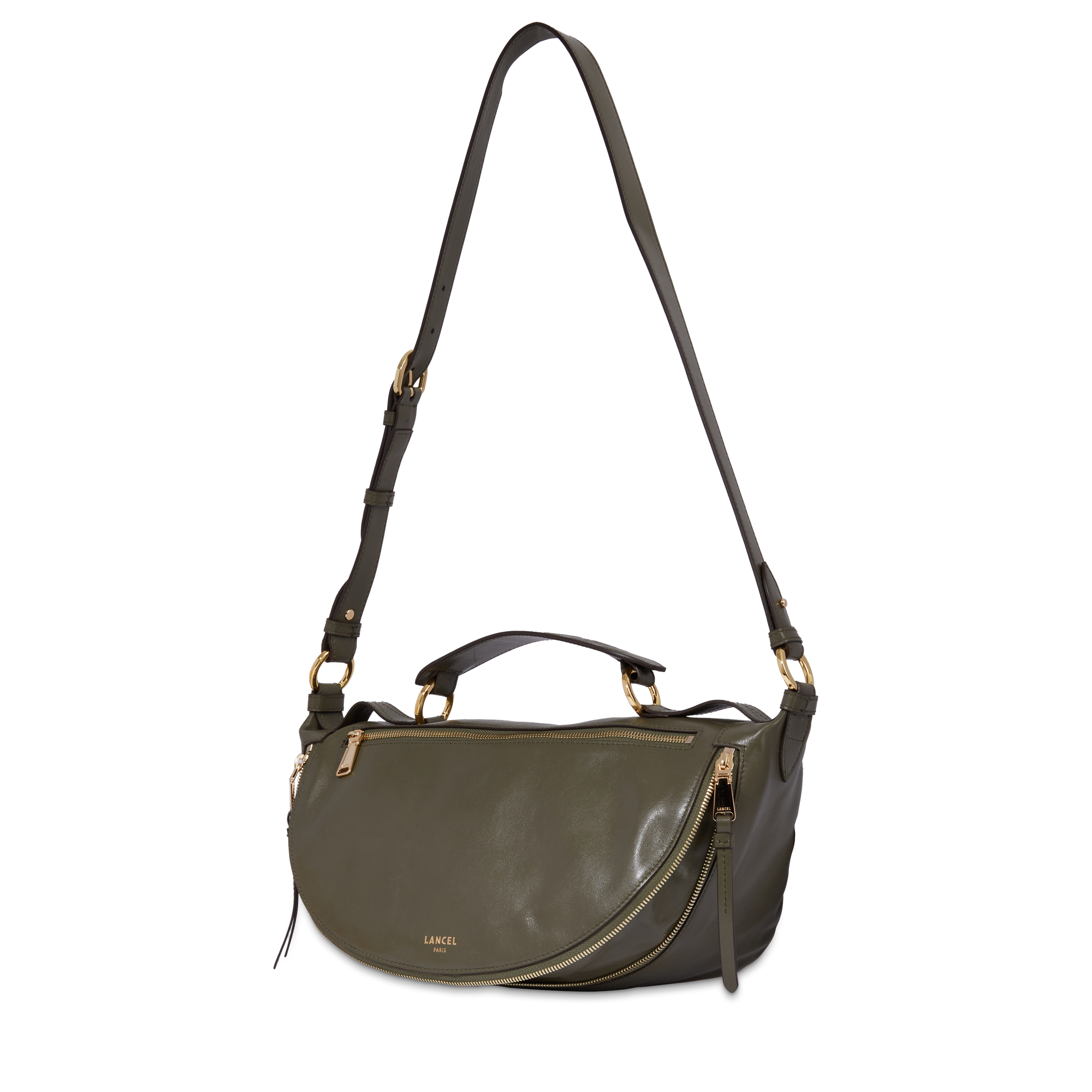 Sac porté croisé zippé Origami M en cuir lisse - Kaki foncéoncé