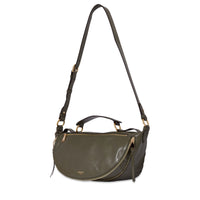 Sac porté croisé zippé M Origami en cuir lisse - Kaki foncé