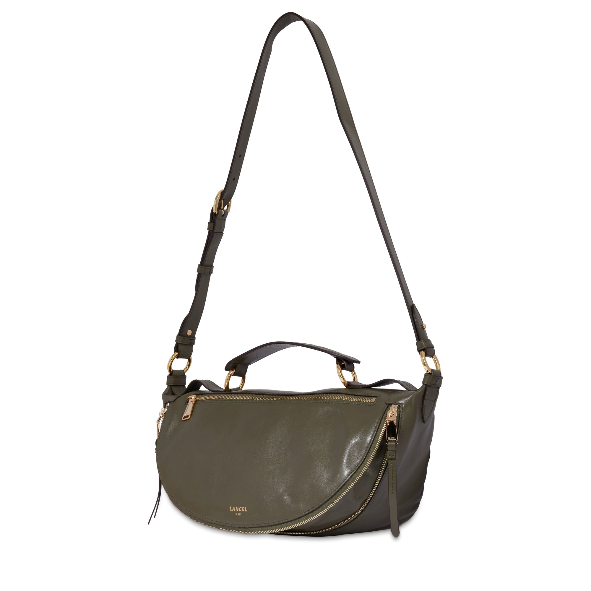 Sac porté croisé zippé M Origami en cuir lisse - Kaki foncé