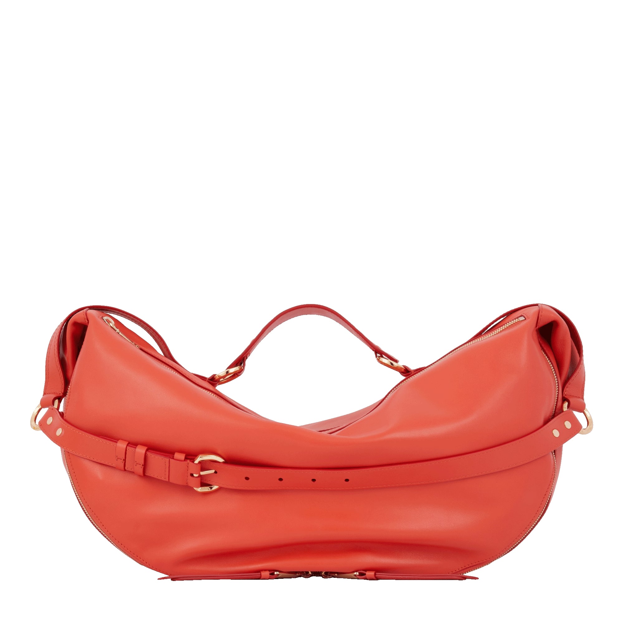 Sac porté épaule zippé L Origami en cuir lisse - Citrouille