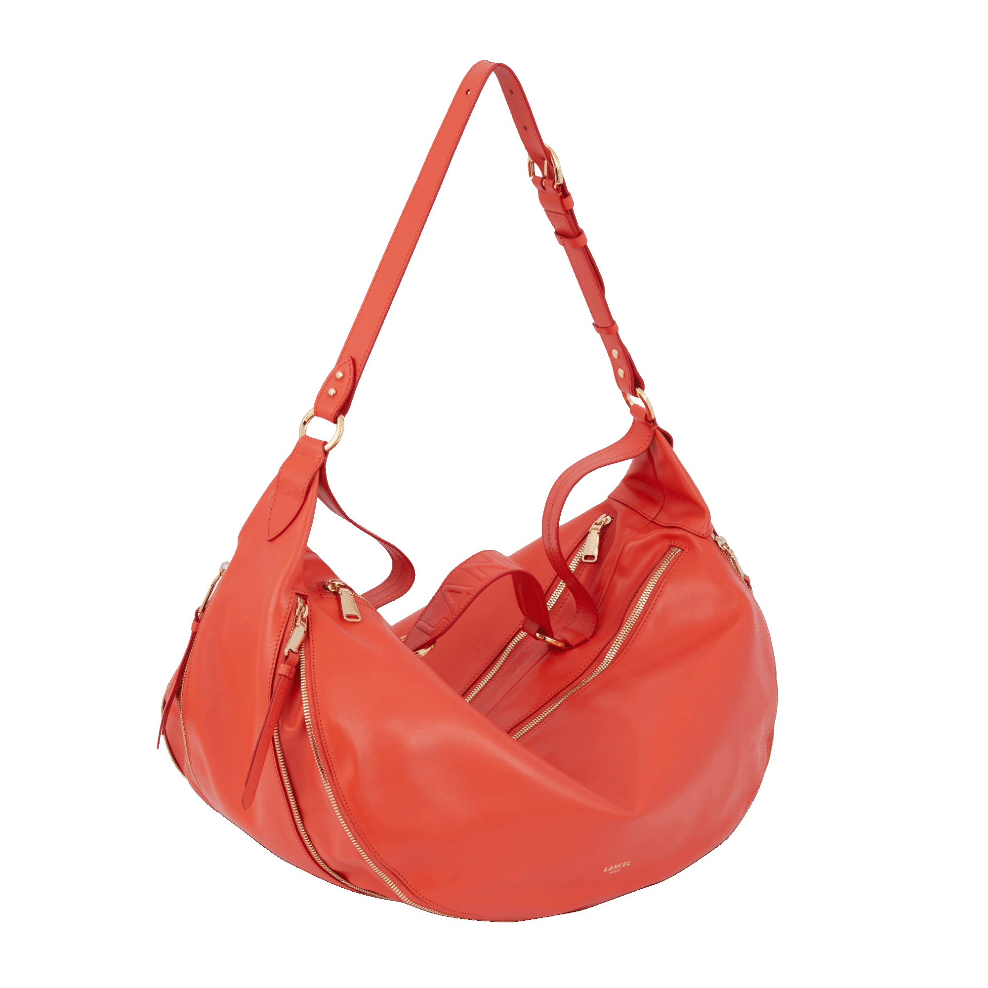 Sac porté épaule zippé Origami L en cuir lisse - Citrouille