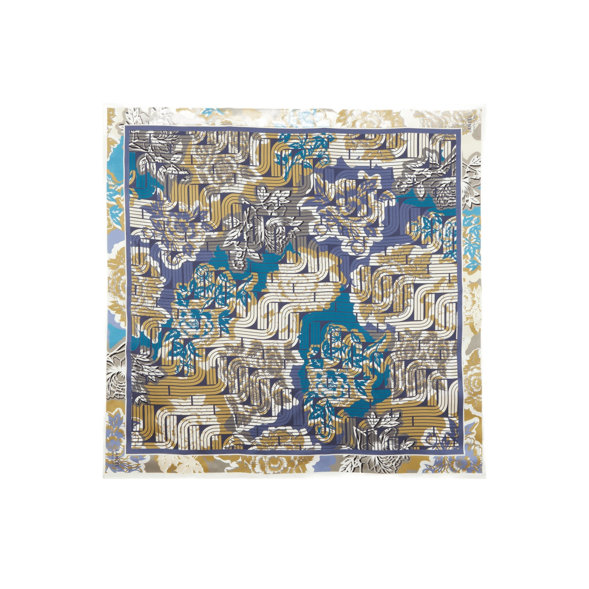 90 square silk scarf with an Optical Peony pattern - Multicoloured & Cobalt