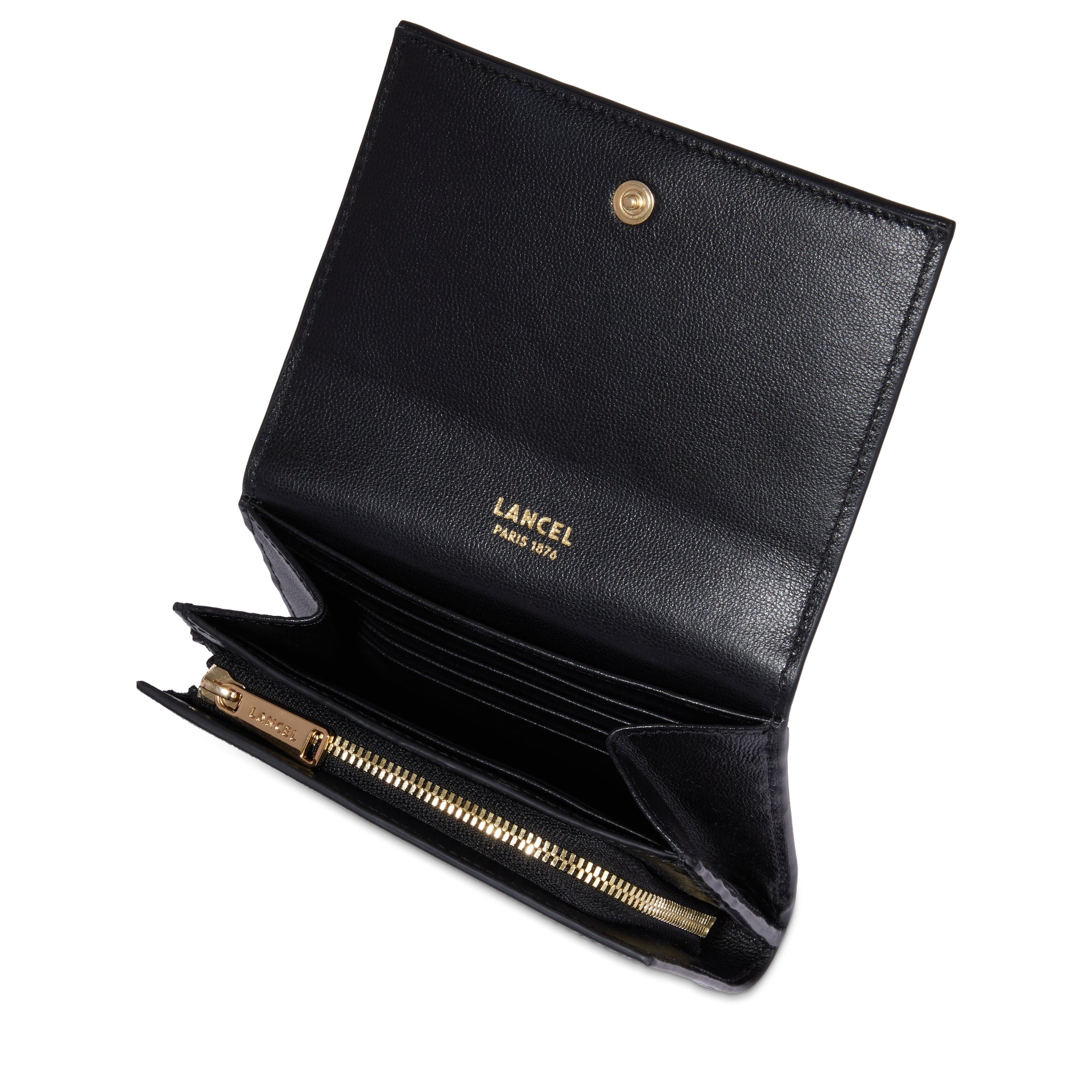 Portefeuille rectangulaire rabat Billie en cuir - Noir