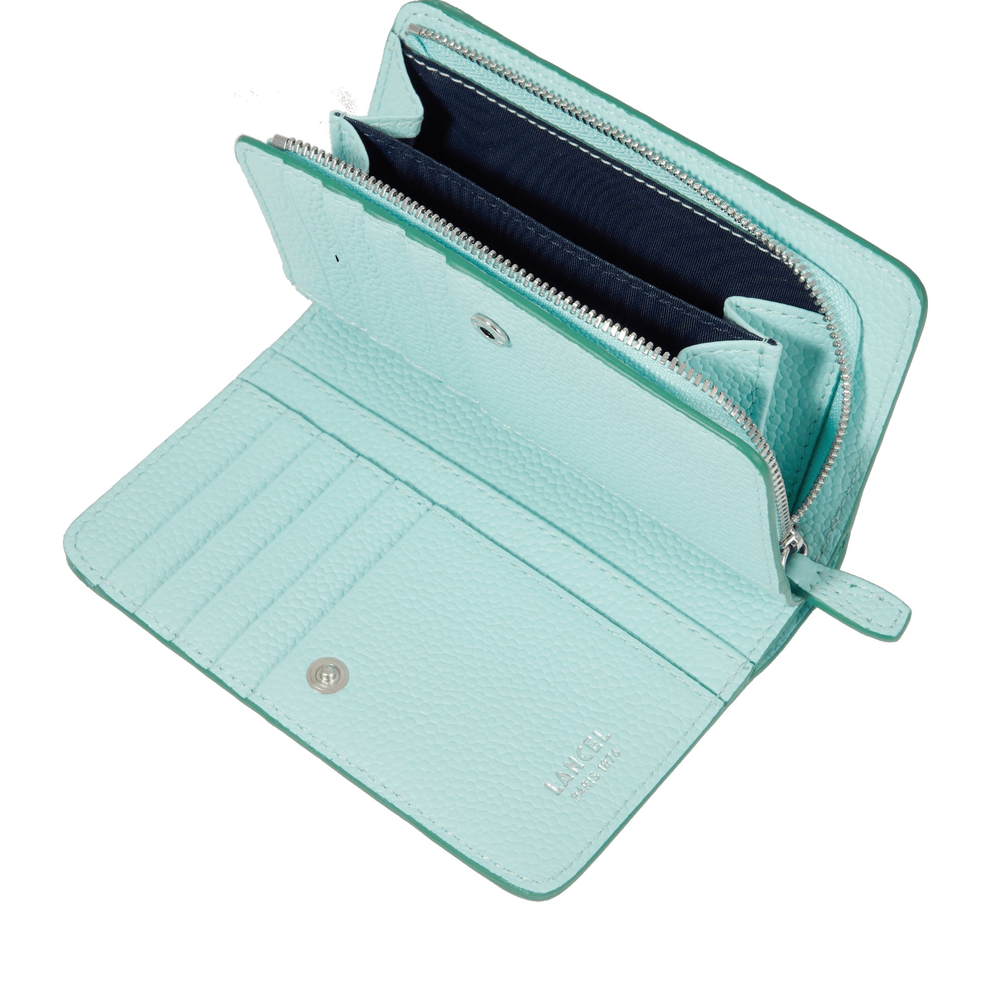 Portefeuille rectangulaire zippé Ninon en cuir grainé - Menthe & Emeraude