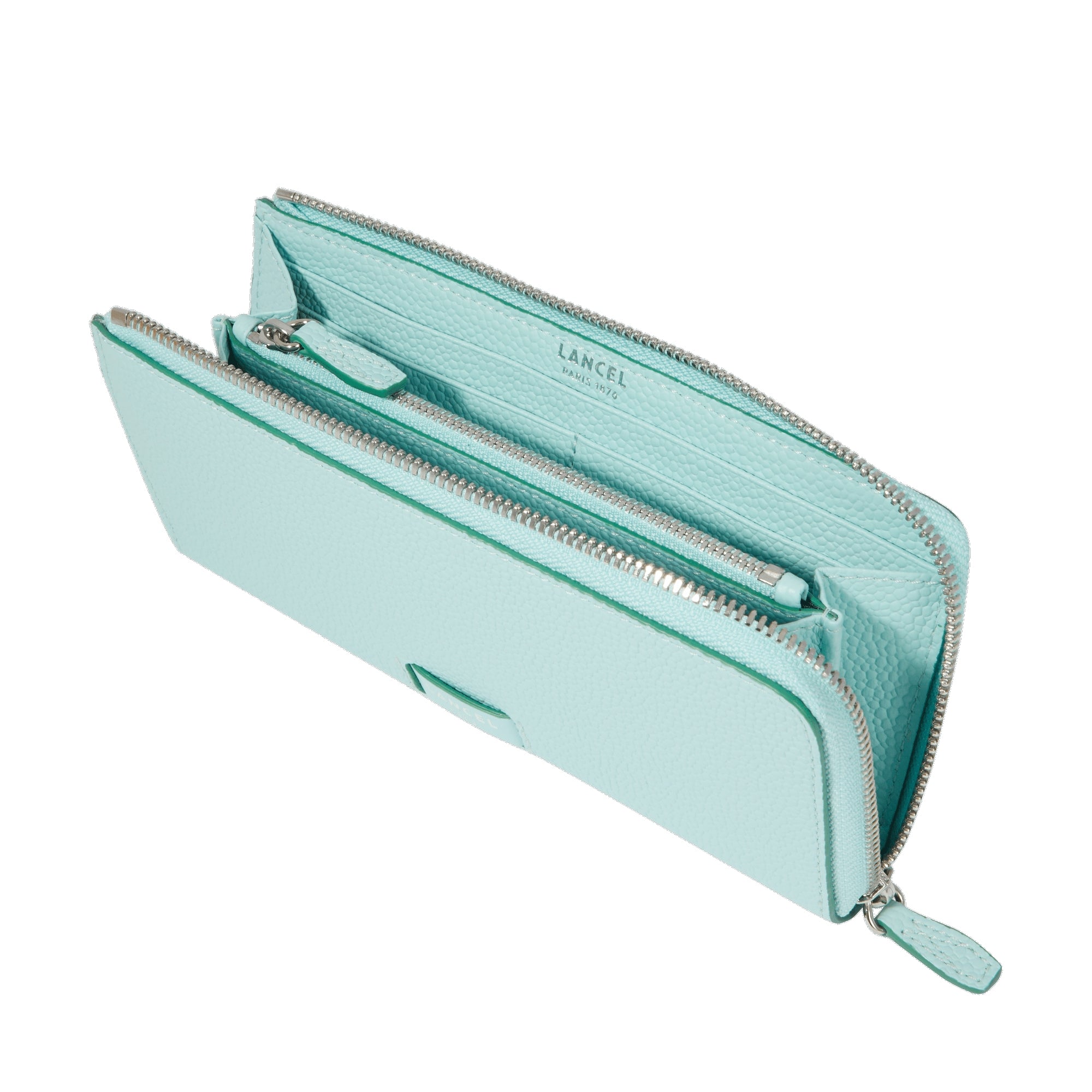 Portefeuille long zippé Ninon en cuir grainé - Menthe & Emeraude
