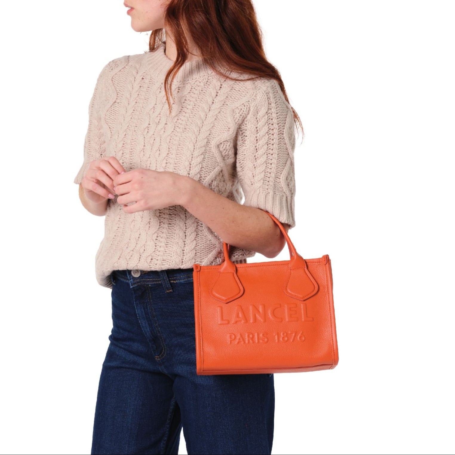 Sac cabas zippé Jour S en cuir grainé - Orange