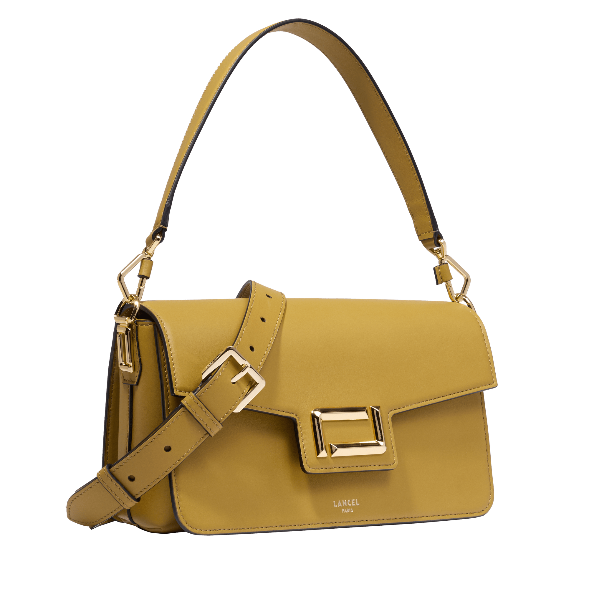 Sac rabat Angèle M en cuir lisse - Moutarde