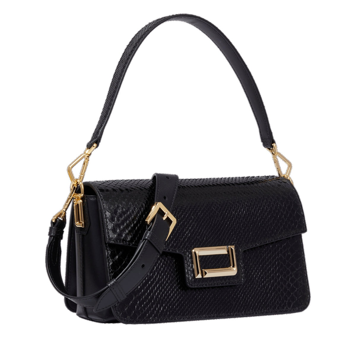 Sac rabat M Angèle en cuir et python - Noir