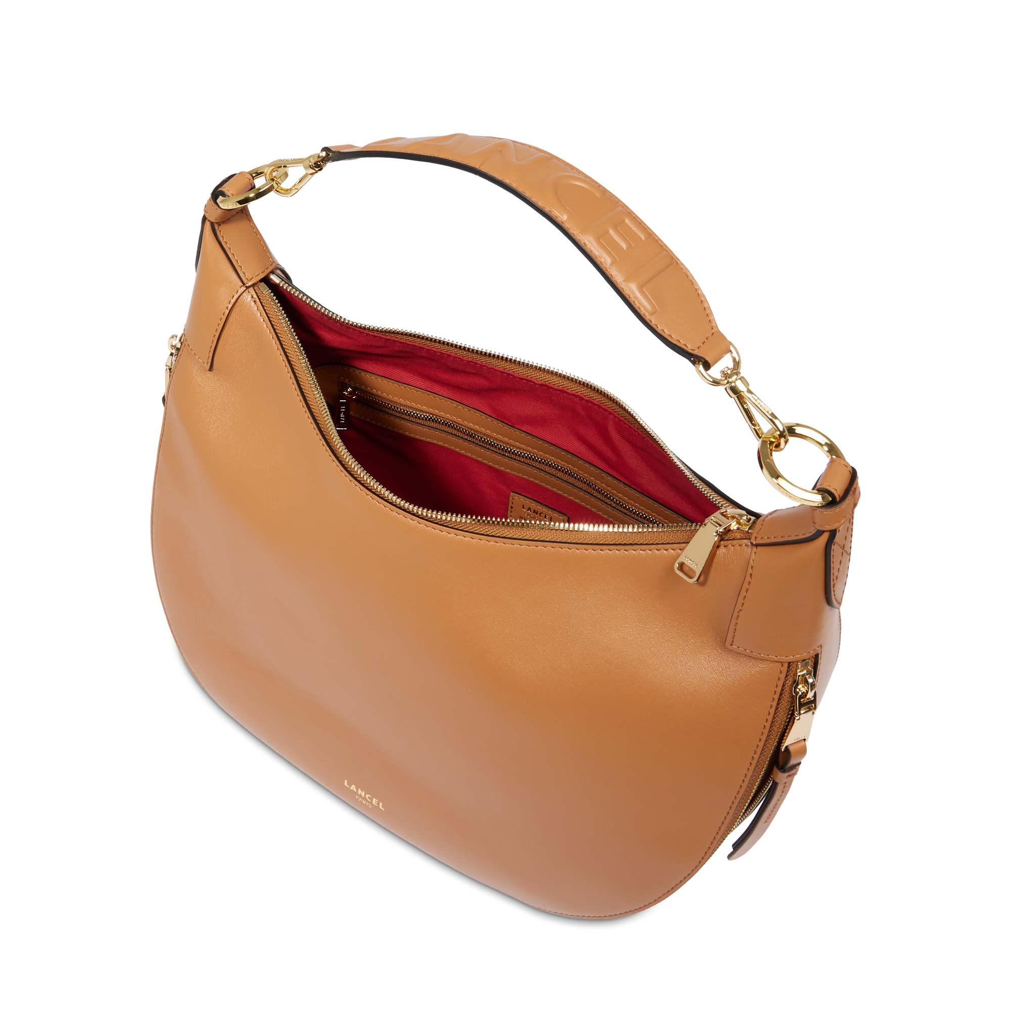 Sac hobo zippé Origami M en cuir lisse - Camel